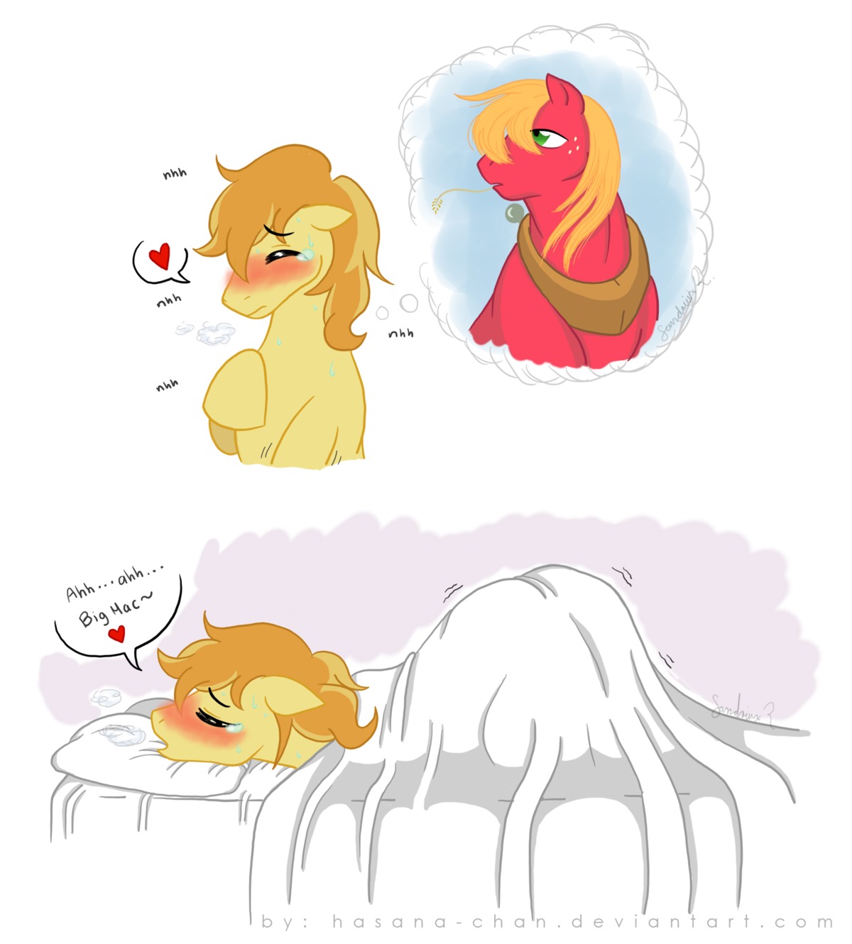 ass_up bed big_macintosh_(mlp) blonde_hair blush bodily_fluids braeburn_(mlp) dialogue e621 earth_pony english_text equid equine eyebrows eyes_closed fantasizing fantasy feral freckles friendship_is_magic fur furniture green_eyes hair half-closed_eyes hasana-chan hasbro heart_symbol hi_res hooves horse long_hair male mammal masturbation my_little_pony narrowed_eyes open_mouth orange_hair pillow pony red_body red_fur solo stated_homosexuality stated_sexuality sweat text url yellow_body yellow_fur