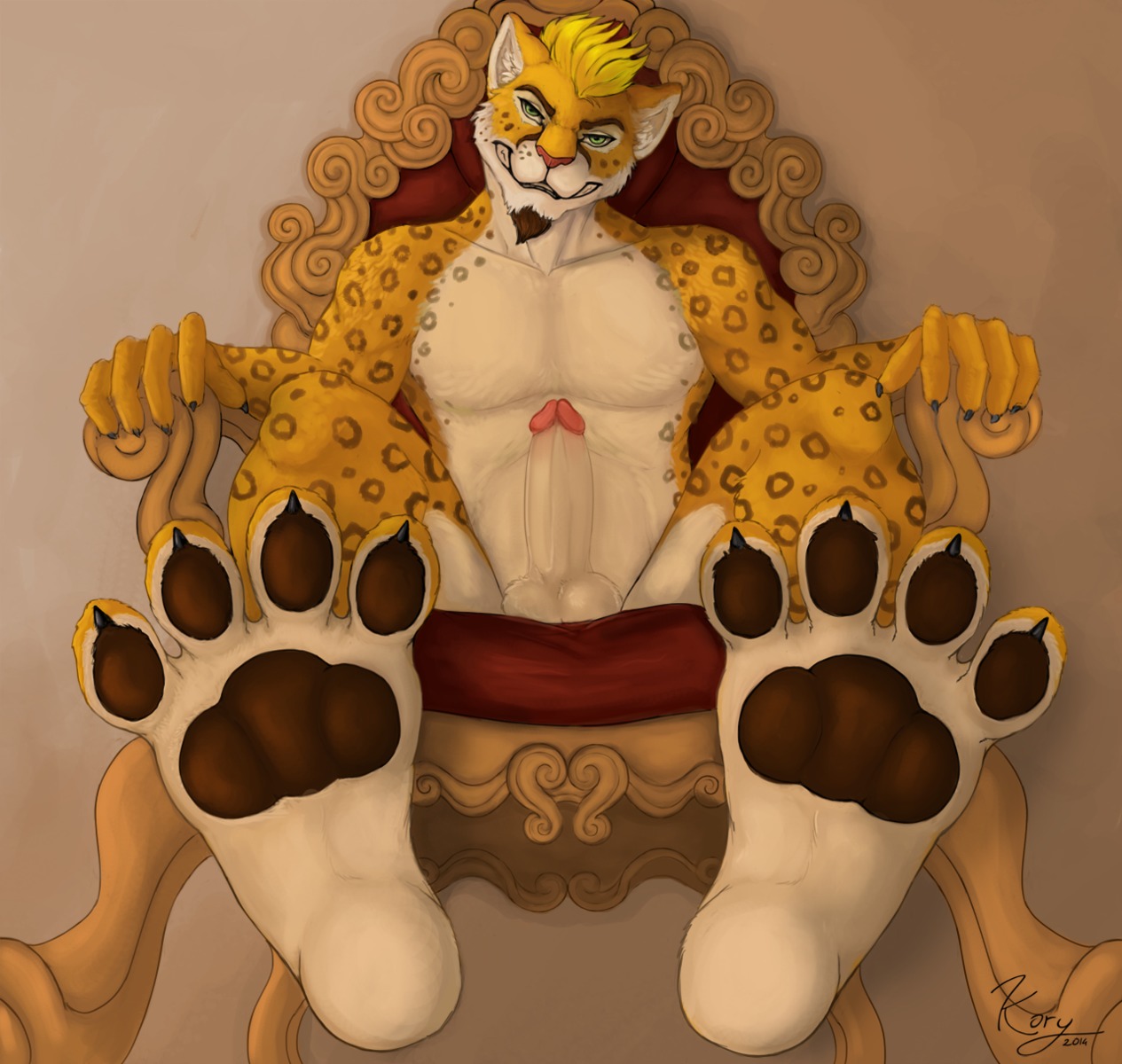 2014 4_toes anthro athletic balls barefoot biceps biped blonde_hair chair e621 erection facial_hair feet felid foot_focus furniture genitals goatee green_eyes grin hair hi_res humanoid_genitalia humanoid_penis kory_(artist) leopard looking_at_viewer male mammal muscular muscular_anthro pantherine pawpads paws pecs penis plantigrade reclining simple_background sitting smile solo throne toes