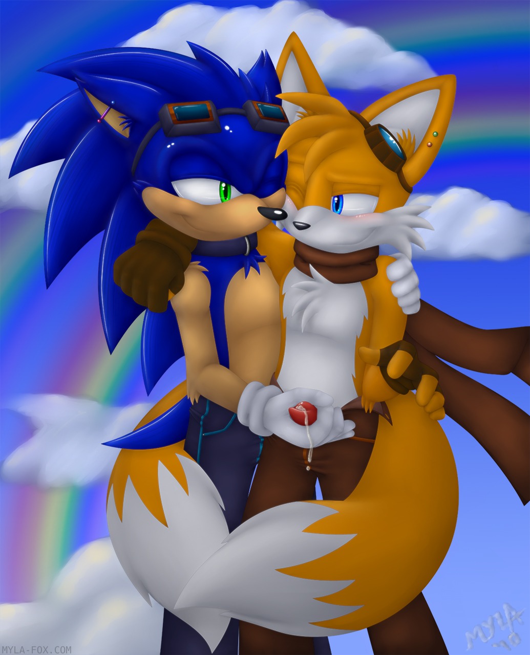 animal_genitalia animal_penis anthro anthro_on_anthro blue_body blue_fur blush bodily_fluids bottomwear canid canine canine_genitalia canine_penis chest_tuft clothed clothing collar cum dipstick_tail duo e621 ear_piercing erection eulipotyphlan eyewear fox fur genital_fluids genitals gloves goggles handjob handwear hedgehog hi_res male male/male mammal markings miles_prower mylafox one_eye_closed open_bottomwear open_clothing open_pants pants penile penis piercing scarf sega sex sonic_the_hedgehog sonic_the_hedgehog_(series) tail tail_markings tuft