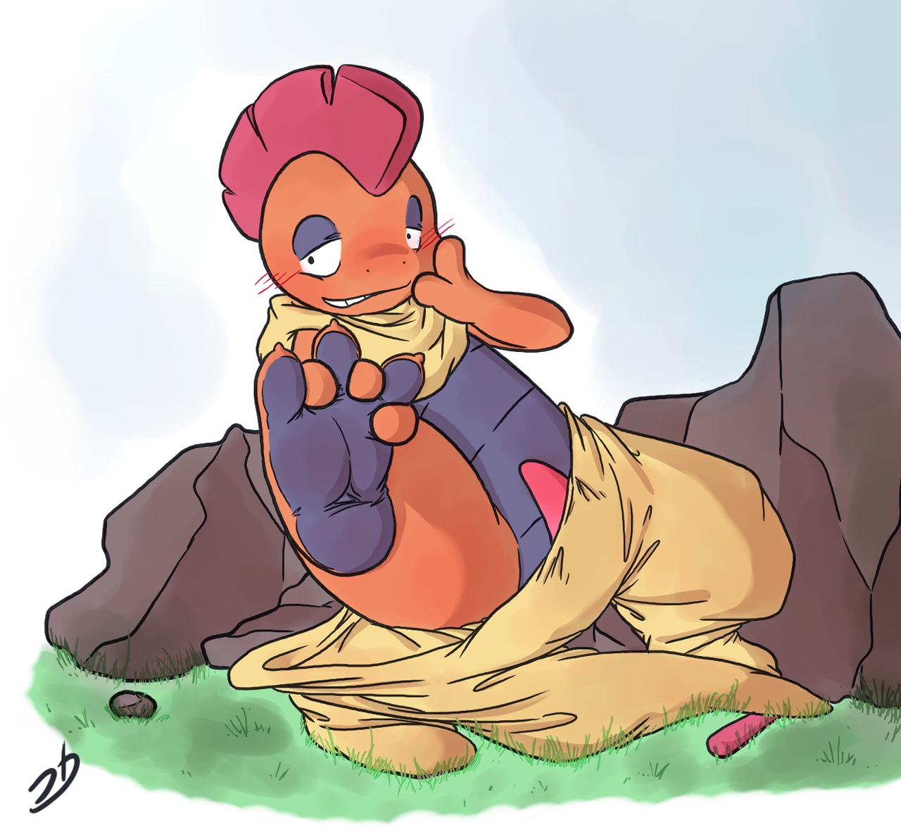 blush color day male male_only outdoors penis pokemon rule34 scrafty solo tagme topless