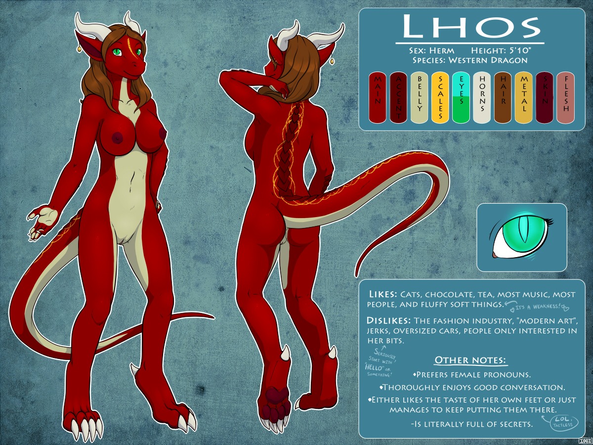 4:3 abstract_background anthro biped breasts butt claws color_swatch dragon e621 ear_piercing english_text female genitals green_eyes horn iggi lhos model_sheet mythological_creature mythological_scalie mythology non-mammal_breasts nude piercing scalie solo standing tail text vulva