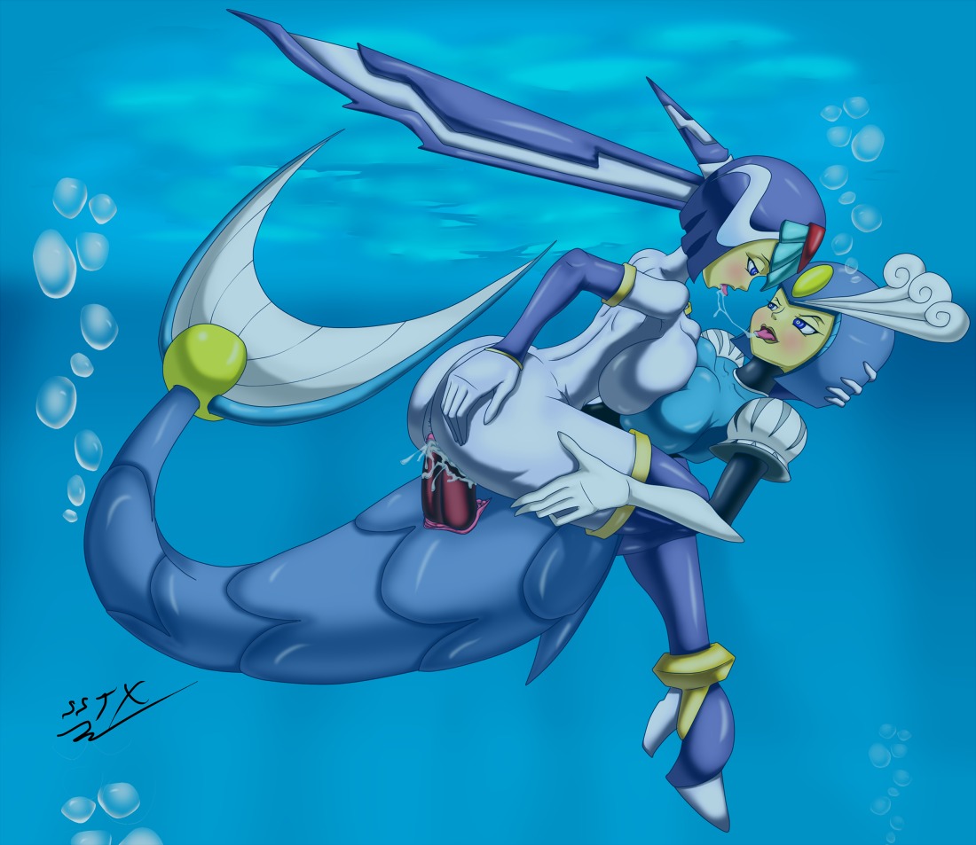 2girls after_kiss blue_theme breast_press breasts cum dildo fairy_leviathan female high_heels mega_man mega_man_(classic) mega_man_zero multiple_females multiple_girls rule34 saliva saliva_trail shoes splash_woman ssjshadowx symmetrical_docking tongue underwater yuri