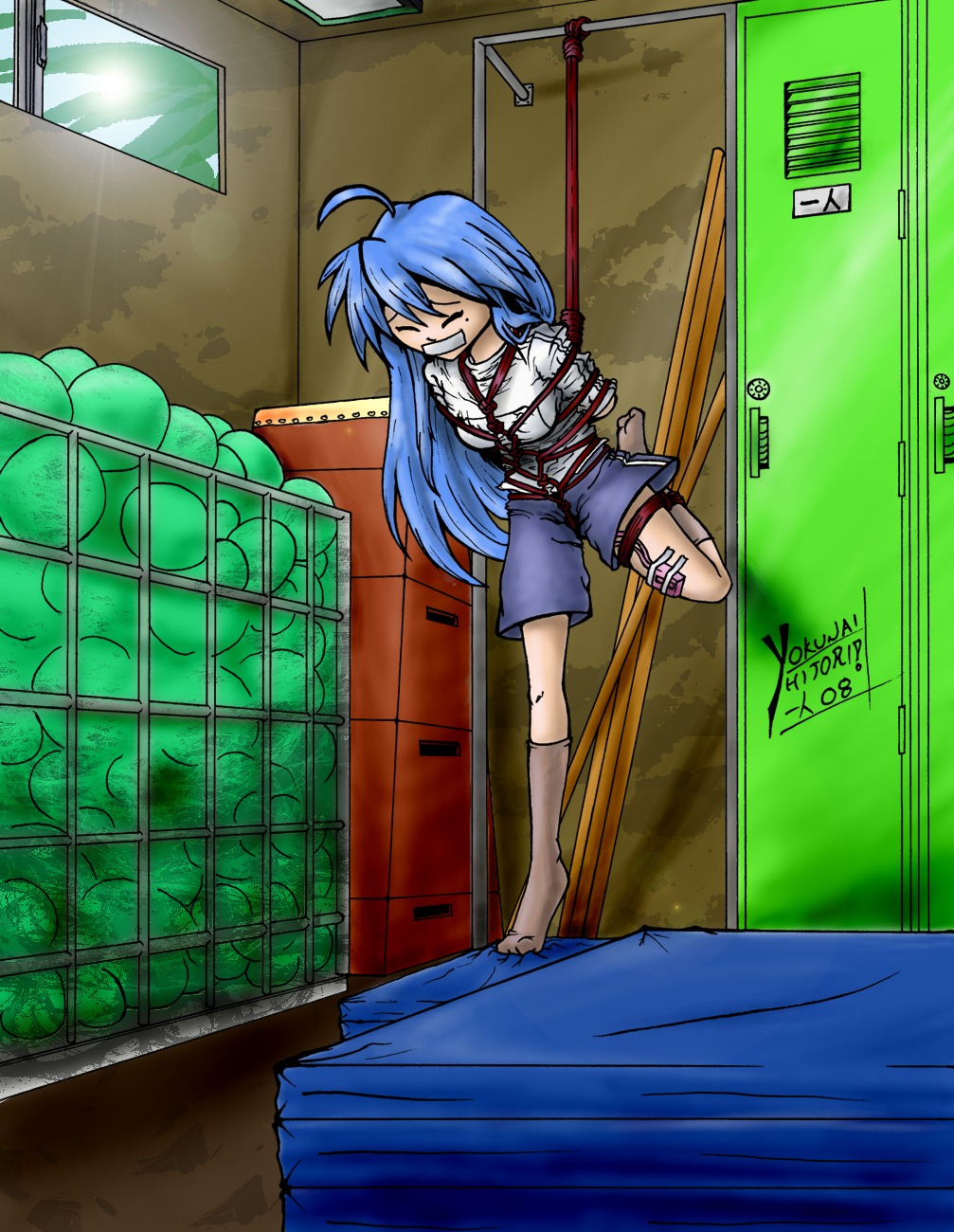 1girls blue_hair bondage closed_eyes female human konata_izumi locker_room lucky_star rule34 school_gym_uniform school_uniform shibari_over_clothes solo tape_gag very_long_hair vibrator
