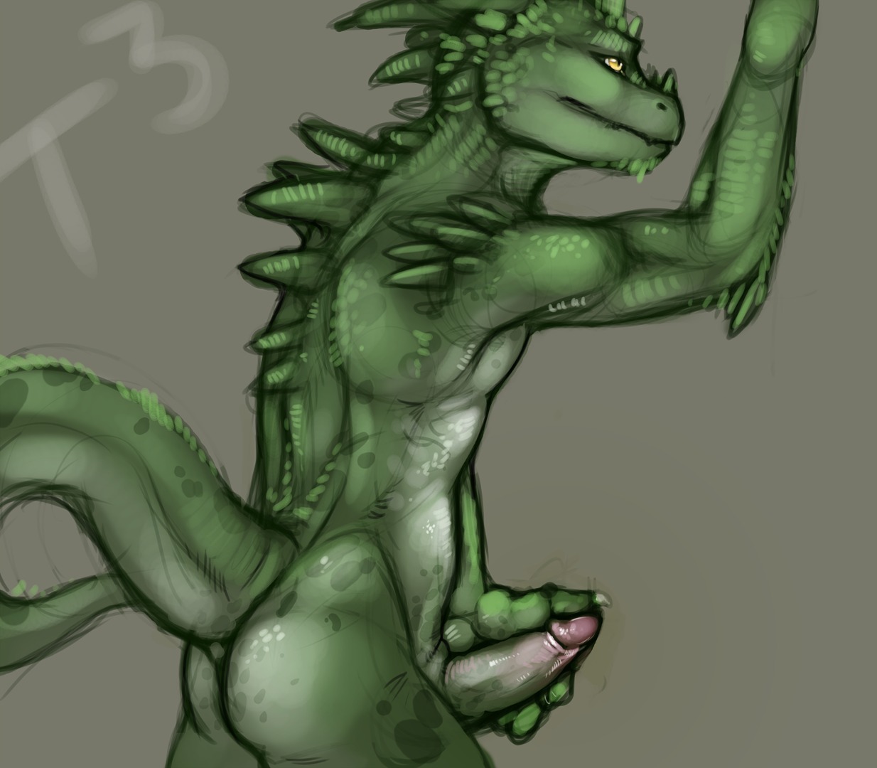 2010 amber_eyes anthro biped butt claws conditional_dnp dragon e621 erection genitals green_body green_theme grey_background horn humanoid_genitalia humanoid_penis male masturbation mythological_creature mythological_scalie mythology nude penile penile_masturbation penis reptile scalie simple_background solo spikes spines spots standing tail tojo_the_thief yellow_eyes
