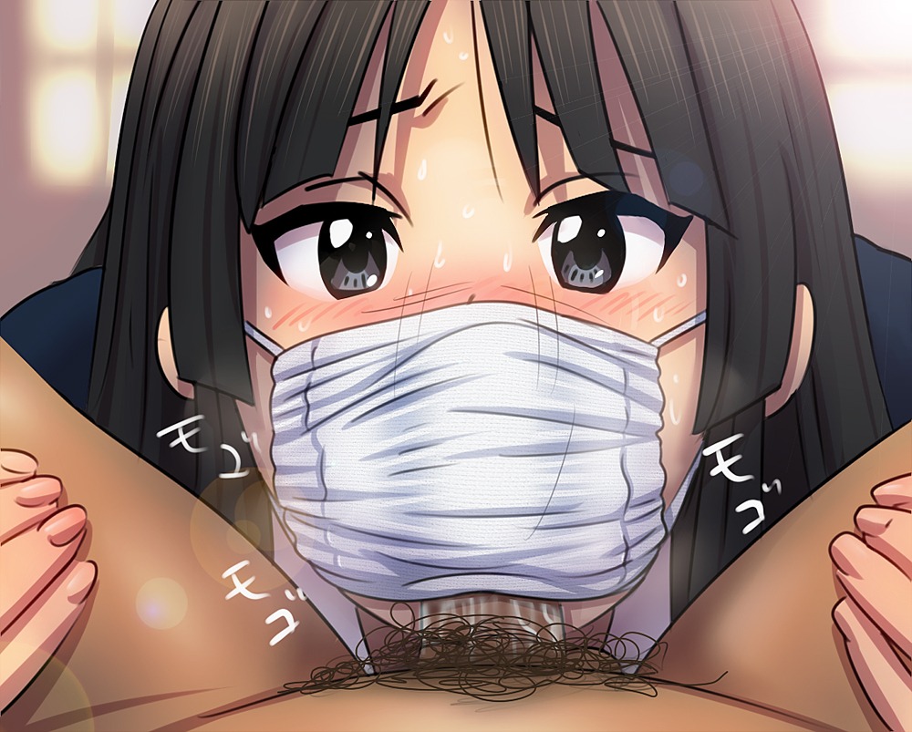 bandage black_hair blue_eyes blush cum facejob fellatio fellatio_under_mask female human human_only k-on! long_hair looking_at_viewer male male_pubic_hair mask mio_akiyama_(k-on!) oral penis penis_on_face pii pii_(taromura) pov pubic_hair rubbing rule34 sniffing straight surgical_mask sweat uncensored