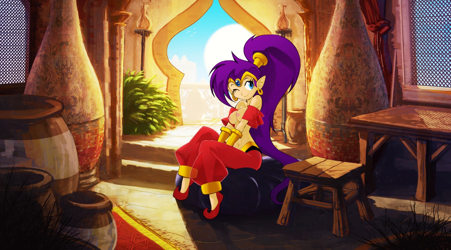 1girls blue_eyes breasts exposed_breasts female female_only hair human pointy_ears ponytail purple_hair rule34 shantae shantae_(character) sitting solo straight_hair
