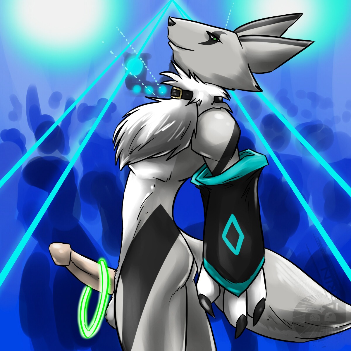 3_fingers anthro ass balls black_nose canine collar color digimon digimon_(species) erection fox fur furry furry_ass furry_ears furry_tail grey_fur indoors male male_only penis pointy_ears renamon rule34 side_view solo standing tail testicles white_fur