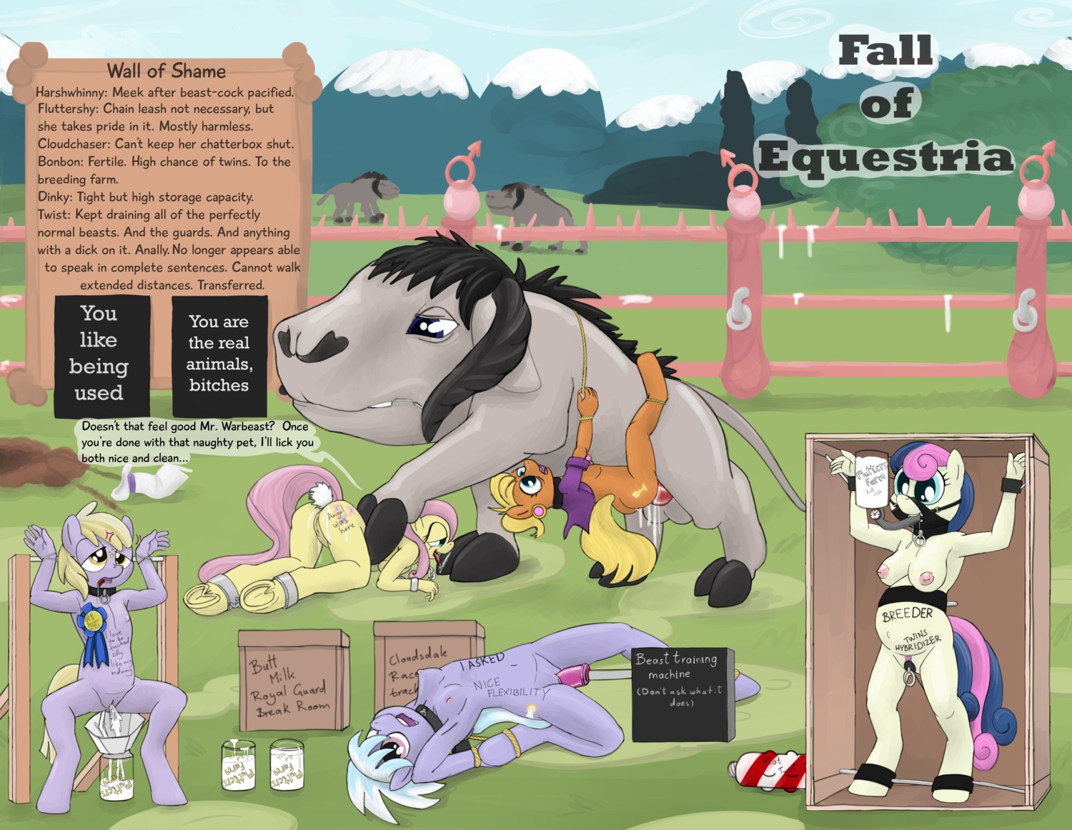 2013 absurd_res all_fours anthro anthro_on_feral anthro_penetrated anthrofied belly belly_riding bestiality big_belly black_collar blonde_hair blue_eyes bodily_fluids bonbon_(mlp) bottle bound box breasts cloud cloud_chaser_(mlp) collar container cum cum_in_ass cum_in_vagina cum_inside cutie_mark detailed_background digital_media_(artwork) dinky_hooves_(mlp) e621 earth_pony english_text equid equine erection fall_of_equestria feathered_wings feathers female female_penetrated feral feral_penetrating feral_penetrating_anthro fluttershy_(mlp) friendship_is_magic fur genital_fluids genitals group hair hasbro hi_res horn horse humiliation interspecies male male/female male_penetrating male_penetrating_female mammal ms._harshwhinny_(mlp) multicolored_hair my_little_pony mythological_creature mythological_equine mythology nipples nude outside pegasus penetration penis pink_hair pocketed_wings pony pregnant profanity quadruped sex sex_toy sky smudge_proof text tight_orifice two_tone_hair unicorn vaginal vulva wings yellow_body yellow_feathers yellow_fur young young_anthro