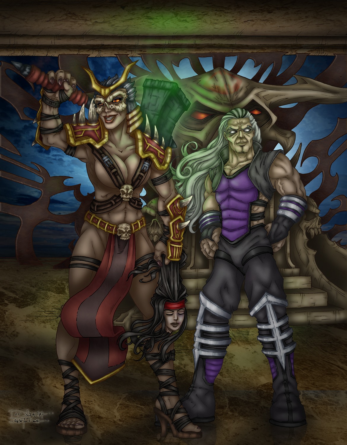 1boy 2girls armor black_hair boots breasts closed_eyes closed_mouth clothes color decapitation female footwear front_view grey_hair hair hammer holding indoors liu_kang long_hair male mortal_kombat mortal_kombat_(2011) muscles open_eyes red_eyes rule34 rule_63 severed_head shao_kahn sindel smile standing tan_skin white_eyes