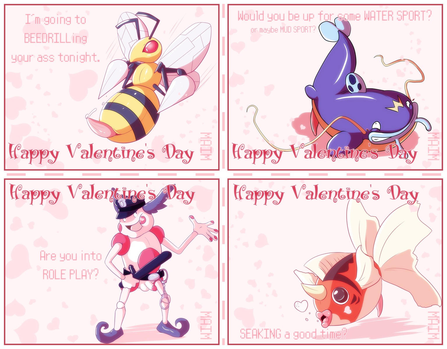 bee beedrill color cosplay feral fish insects male male_only mr._mime multiple_males nintendo open_mouth penis pink pokemon pun rule34 seaking text unknown_artist valentines_day wishcash wordplay