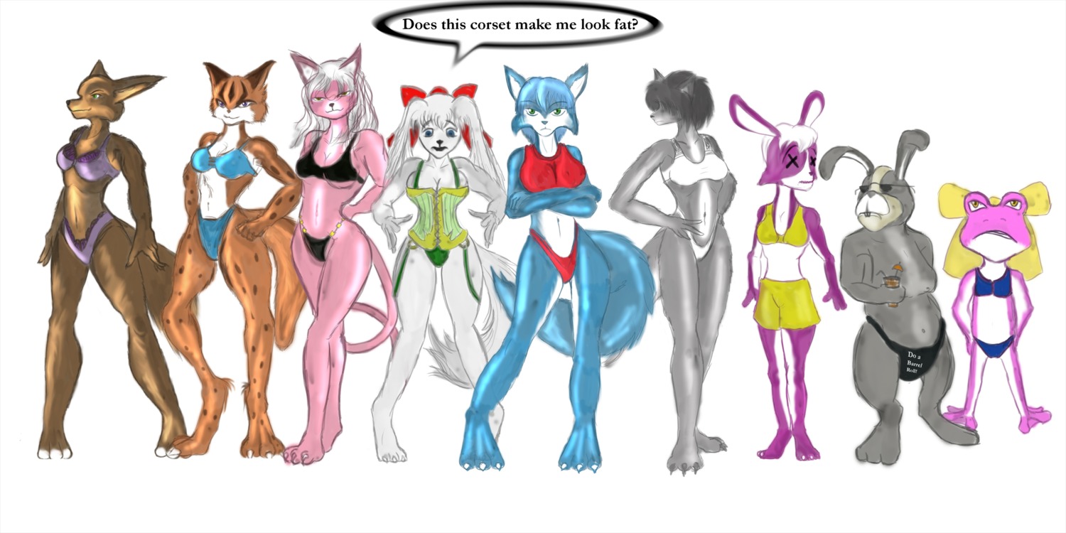 3_toes amanda_toad amphibian anthro barefoot blue_fur blue_hair bra breasts brown_fur cat claws cleavage color corset crossed_arms dialog dog english_text fara_phoenix fay_(star_fox) fay_spaniel female fox frog fur furry furry_ears furry_tail grey_fur hands_on_hips interspecies katt_monroe krystal krystal_(star_fox) lucy_hare lynx male miyu_(star_fox) miyu_lynx multiple_females multiple_girls panties peppy_hare pink_fur pink_skin pointy_ears purple_fur rabbit rule34 short_hair shorts speech_bubble standing star_fox star_fox_2 star_fox_command tail text toad topless white_background white_fur white_hair