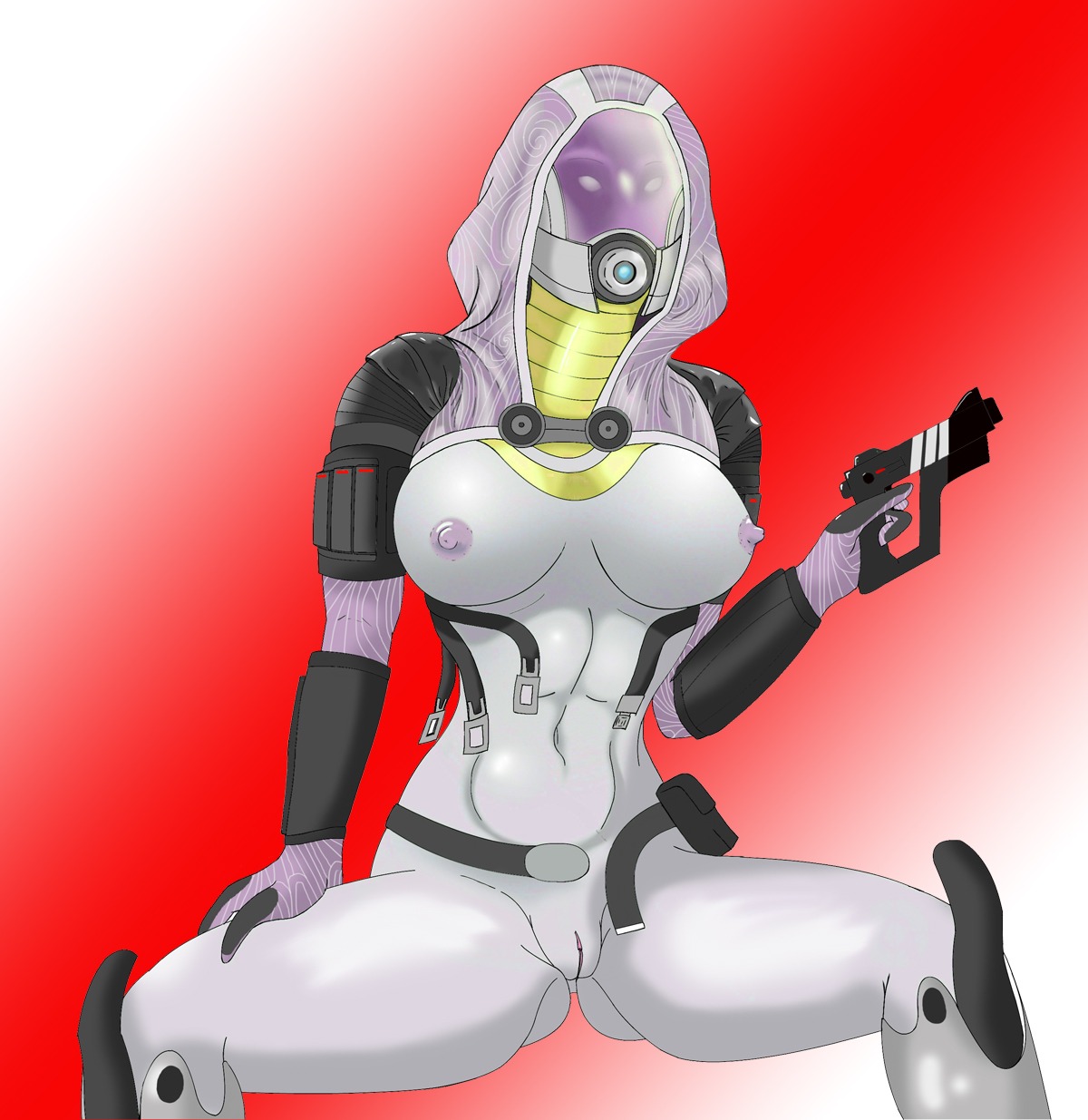 alien alien_humanoid big_breasts bioware breasts butt chavez e621 electronic_arts female front_view genitals hi_res humanoid mask mass_effect nipples not_furry nude quarian simple_background solo spread_legs spreading tali'zorah vulva white_body wide_hips