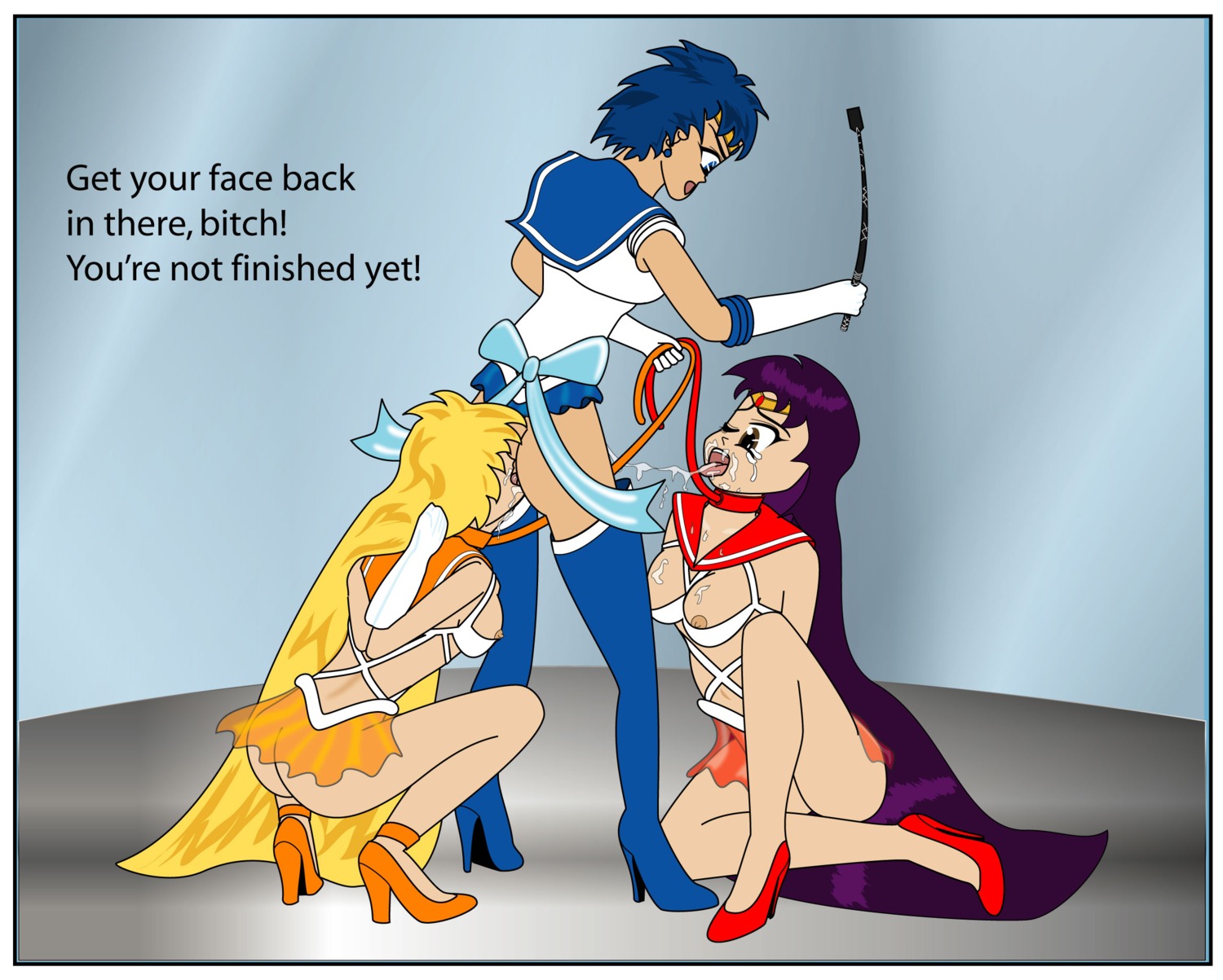 3girls ami_mizuno analingus bishoujo_senshi_sailor_moon bondage breasts clothing collar dialogue female female_only femdom femsub henna_yatsu high_heel_boots high_heels human leash lezdom minako_aino multiple_females multiple_girls nipples oral_sex rei_hino rule34 sailor_mars sailor_mercury sailor_venus skirt small_breasts tagme threesome whip yuri