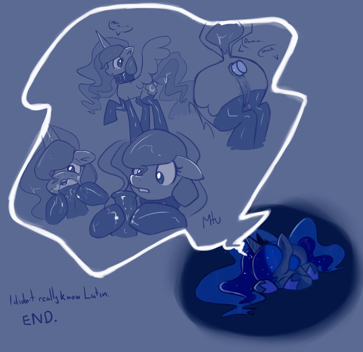 2013 anal anal_penetration animal_genitalia animal_penis anus bdsm blue_hair blush bodily_fluids butt collar comic cum cum_in_mouth cum_inside cutie_mark dream duo e621 english_text equid equine equine_genitalia equine_penis erection feathered_wings feathers female feral friendship_is_magic genital_fluids genitals hair hasbro hi_res horn latin_text long_hair male male/female mammal miketheuser mostly_nude my_little_pony mythological_creature mythological_equine mythology open_mouth orgasm penetration penis princess_luna_(mlp) quadruped royalty slave solo solo_focus tail text vulva winged_unicorn wings