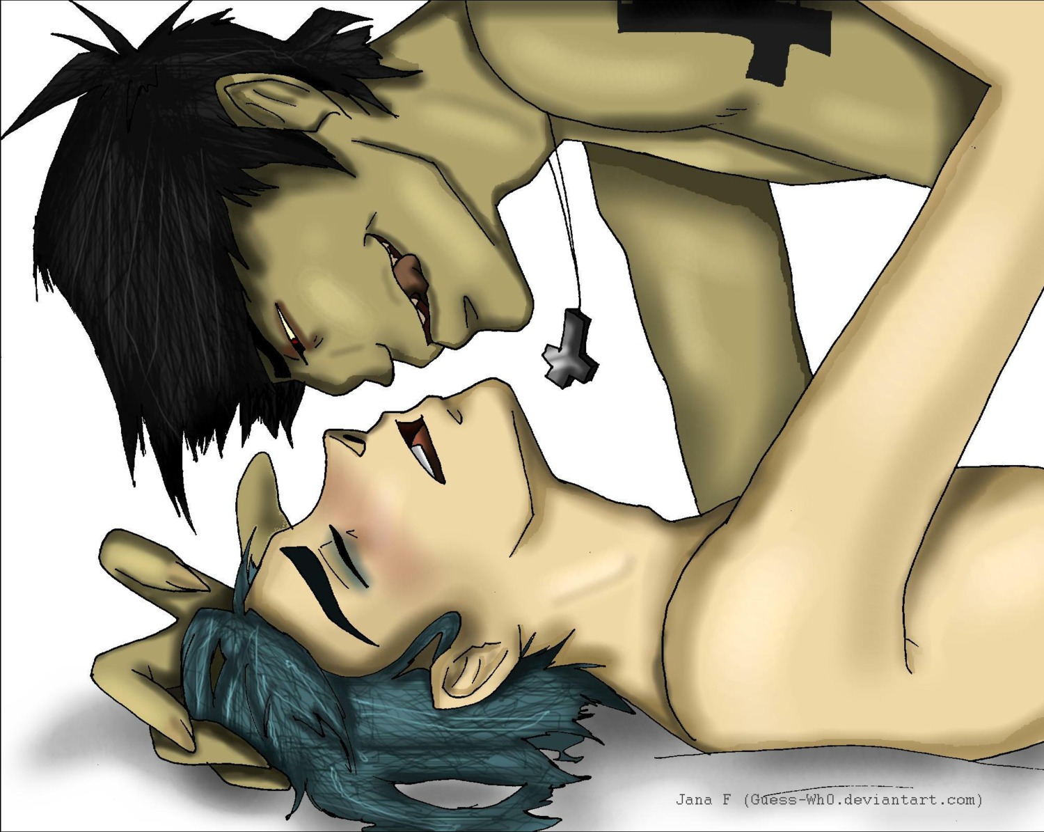 2boys 2d_(gorillaz) azure_hair blue_hair gorillaz male murdoc_niccals rule34 upside_down_cross yaoi
