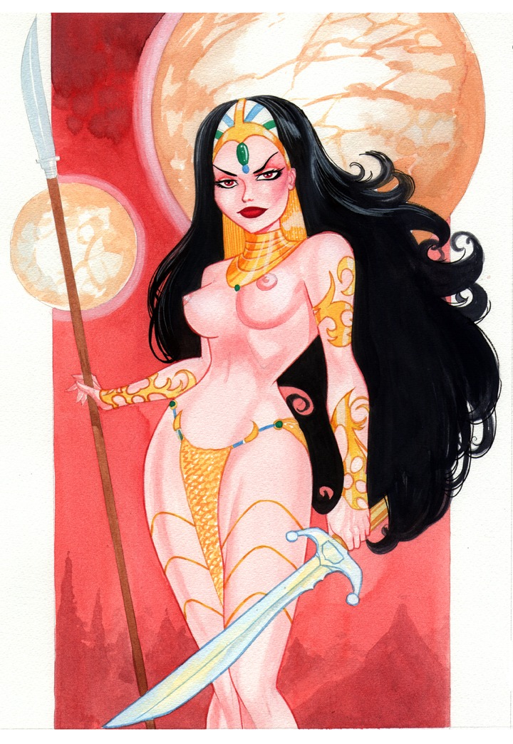 1girls a_princess_of_mars alien alien_girl areolae barsoom black_hair breasts bruce_timm dejah_thoris female female_only holding_weapon john_carter_of_mars literature loincloth looking_at_viewer nipples pelvic_curtain public_domain roy_cover rule34 solo solo_female spear sword topless