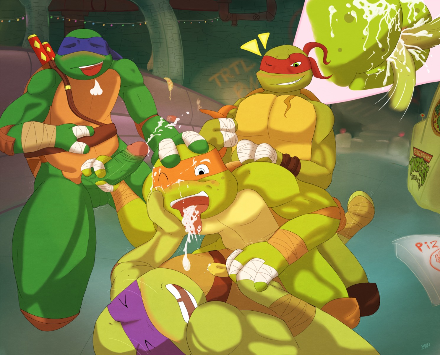 adolescent adolescent_on_adolescent all_fours anal anal_penetration anthro arcade backsack balls biceps blush bodily_fluids bourbon_(artist) brother_(lore) brothers_(lore) close-up cum cum_in_ass cum_in_mouth cum_inside cum_splatter cum_string cumshot doggystyle donatello_(tmnt) double_anal double_penetration drooling e621 ejaculation erection eyes_closed food foreskin foursome from_behind_position gangbang genital_fluids genitals graffiti green_body green_skin group group_sex handjob hi_res humanoid_genitalia humanoid_penis humor incest_(lore) leonardo_(tmnt) licking lying male male/male male_penetrated male_penetrating male_penetrating_male mask michelangelo_(tmnt) muscular nickelodeon ninja on_ground orgasm pecs penetration penile penis pizza raphael_(tmnt) reptile retracted_foreskin saliva scalie sex sibling_(lore) snowballing teenage_mutant_ninja_turtles teeth tongue tongue_out tooth_gap turtle warrior young
