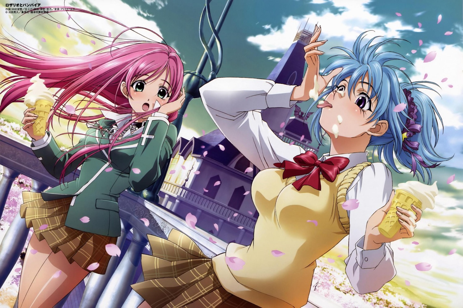 00s 2000s 2008 2girls akashiya_moka blue_hair breasts demon female female_only kurono_kurumu multiple_females multiple_girls official_art open_mouth pink_hair rosario+vampire rule34 school_uniform succubus tagme tongue tongue_out vampire