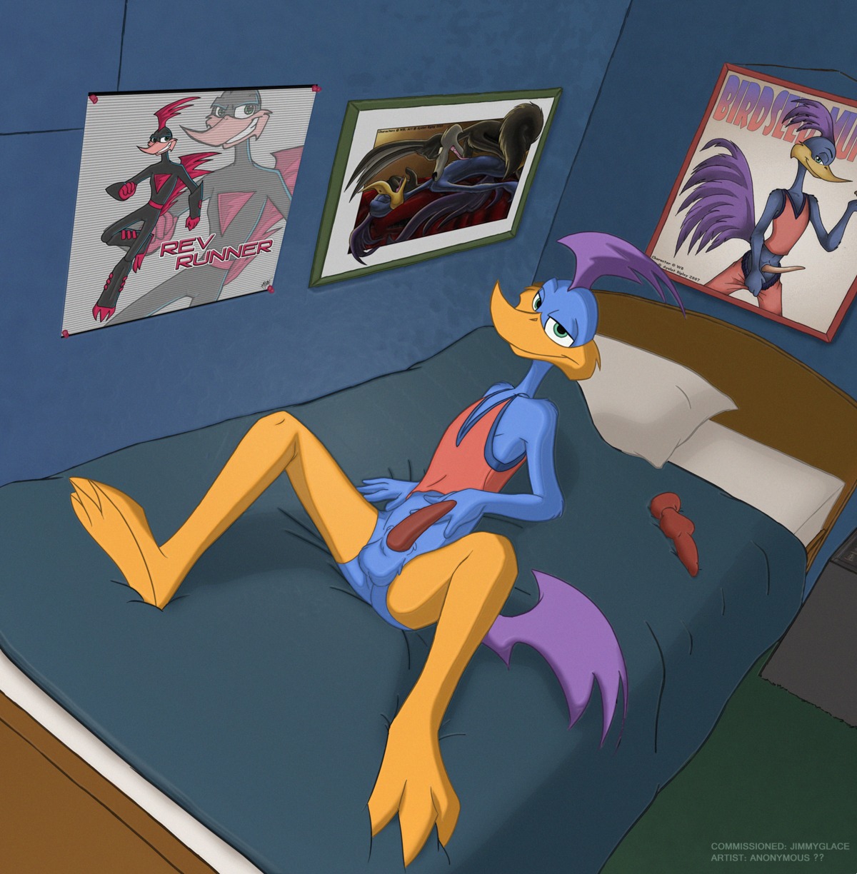 2011 animal_genitalia animal_penis anonymous_artist anthro avian balls_outline beak bed bird blue_body blue_eyes blue_feathers bulge canid canine canis clothed clothing coyote cuculiform detailed_bulge dildo e621 e621_post_recursion erection feathers feet furniture genital_outline genitals hi_res hindpaw inside knot knotted_dildo loonatics_unleashed looney_tunes male mammal new_world_ground_cuckoo on_bed painting_(object) paws penis pillow rev_runner roadrunner sex_toy solo tapering_penis tech_e._coyote warner_brothers