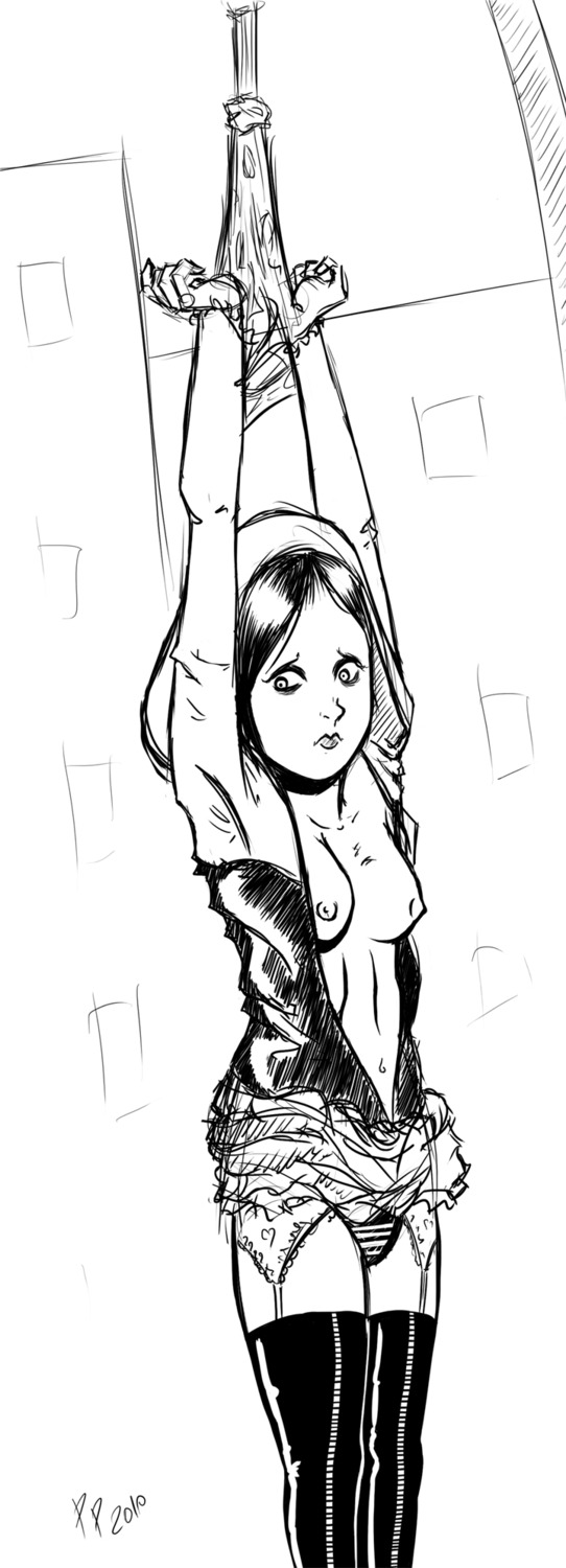 1girls 2010 arms_up background black_and_white bondage bound_writs breasts breasts_out female female_only garter_straps hair headgear looking_away marvel marvel_comics monochrome nipples open_clothes open_shirt panties paper_doll purple_pornographer rule34 sad shirt side_view simple_background skirt skirt_up socks solo spider-man_(series) standing stockings straight_hair striped_panties stripes thighhighs underwear watermark