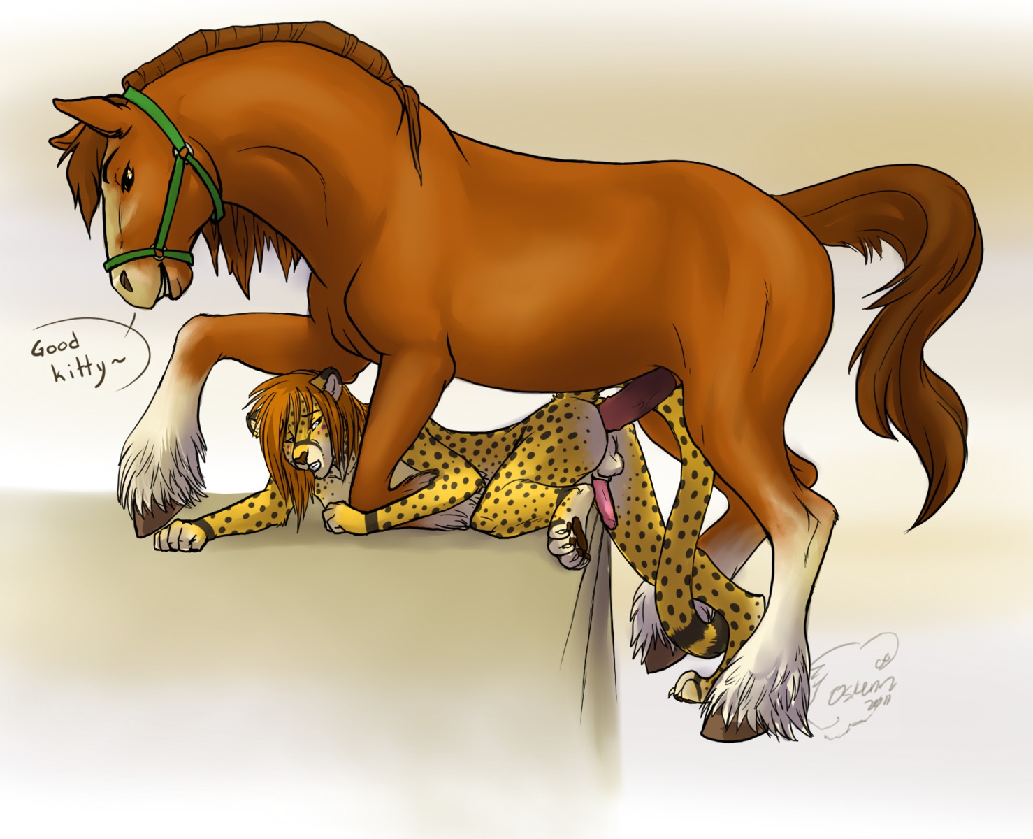 all_fours anal anal_penetration animal_genitalia animal_penis anthro anthro_on_feral anthro_penetrated anus balls bestiality big_penis blaze_(marking) blue_eyes blush bridle cheetah clydesdale dialogue doggystyle dominant draft_horse duo e621 english_text equid equine equine_genitalia equine_penis erection facial_markings feathering felid feline feral feral_penetrating feral_penetrating_anthro from_behind_position fur genitals hair head_markings hi_res hooves horse interspecies kibacheetah larger_dom larger_male long_hair looking_back male male/male male_penetrated male_penetrating male_penetrating_male mammal markings oskenn_(artist) penetration penis pet_praise praise quadruped riding_tack role_reversal sex size_difference smaller_male smile tail talking_feral text