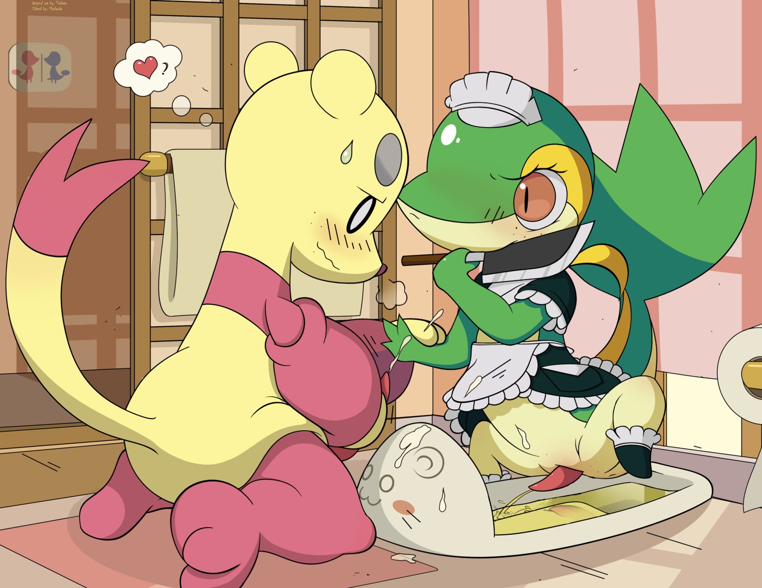 absurd_res blush blush_lines blush_stickers bodily_fluids clothing conditional_dnp cum cumshot duo e621 ejaculation erection eyelashes freckled_face freckles generation_5_pokemon genital_fluids genitals hi_res knife long_eyelashes maid_uniform male male/male masturbation mienfoo nintendo orgasm peeing penile penile_masturbation penis pokemon pokemon_(species) snivy squat_toilet tail tapering_penis toilet toilet_use tricksta uniform urine urine_pool urine_stream