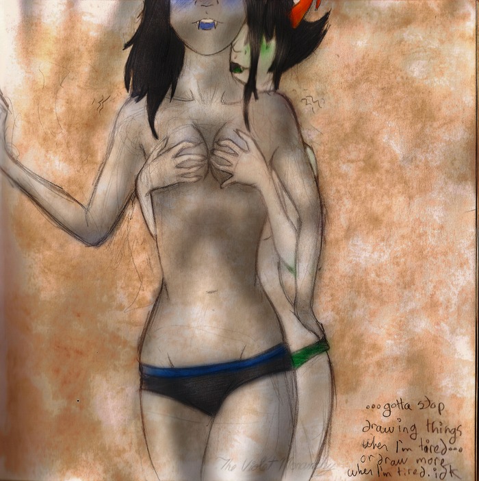 2girls black_hair blue_lips blush breast_grab breasts fangs female green_lipstick grey_skin homestuck horns kanaya_maryam lesbian long_hair ms_paint_adventures multiple_females multiple_girls panties rule34 source_request text the_violet_monarchy troll vriska_serket webcomic