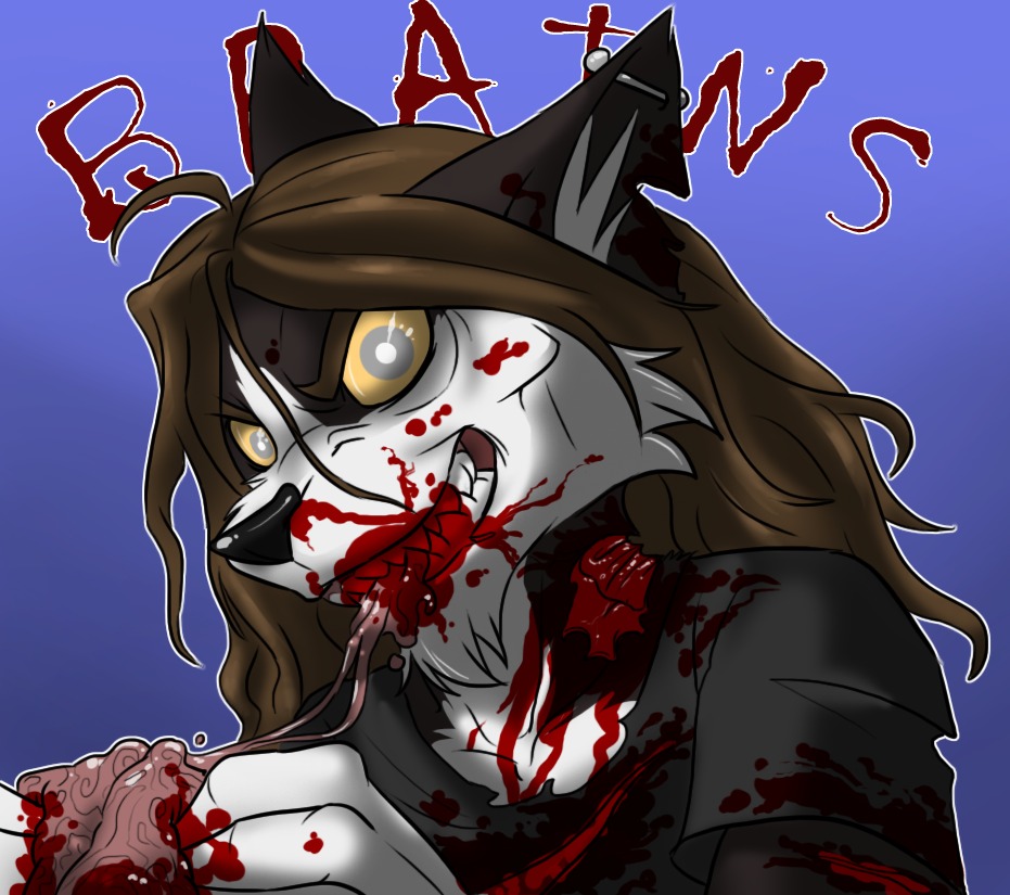blood bodily_fluids brain brown_hair e621 ear_piercing english_text female gore hair organs piercing solo supinhas teeth text undead yellow_eyes zombie