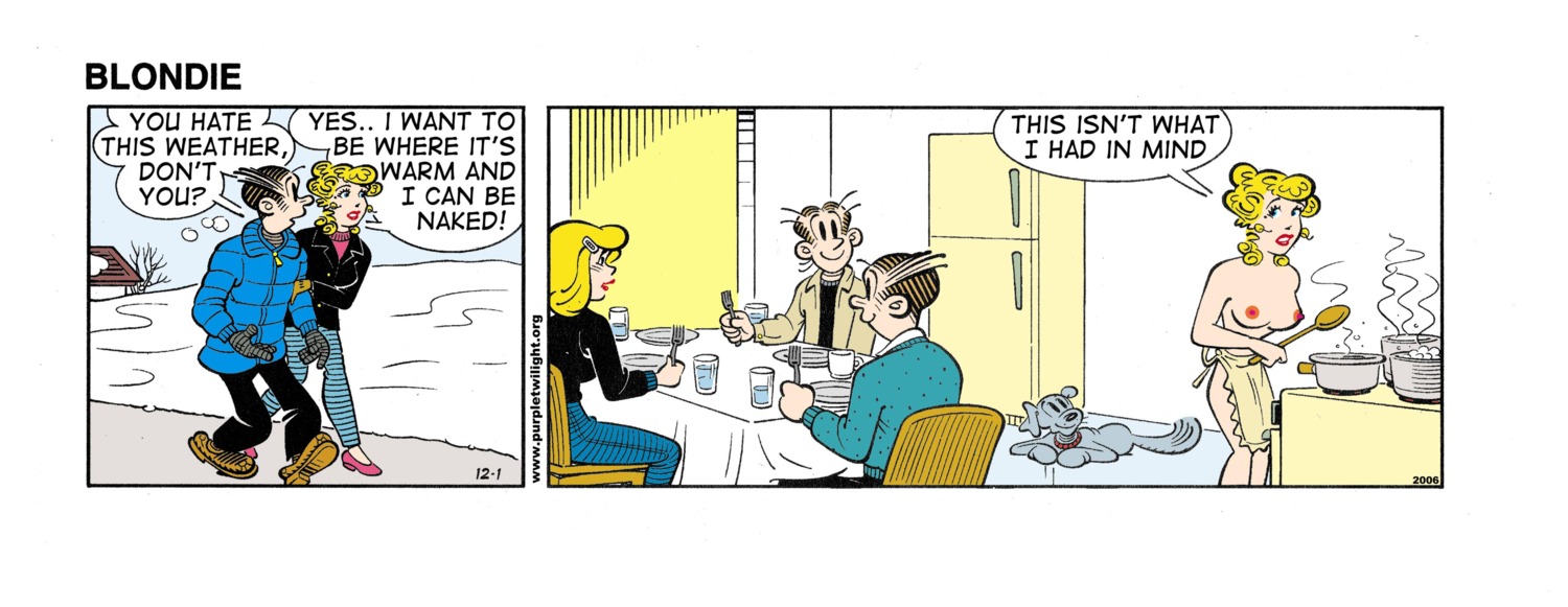 alexander_bumstead apron apron_only blondie_(comic) blondie_bumstead casual clothing comic_strip cookie_bumstead dagwood_bumstead edit female group human nonsexual nonsexual_nudity nudist pale_skin rule34