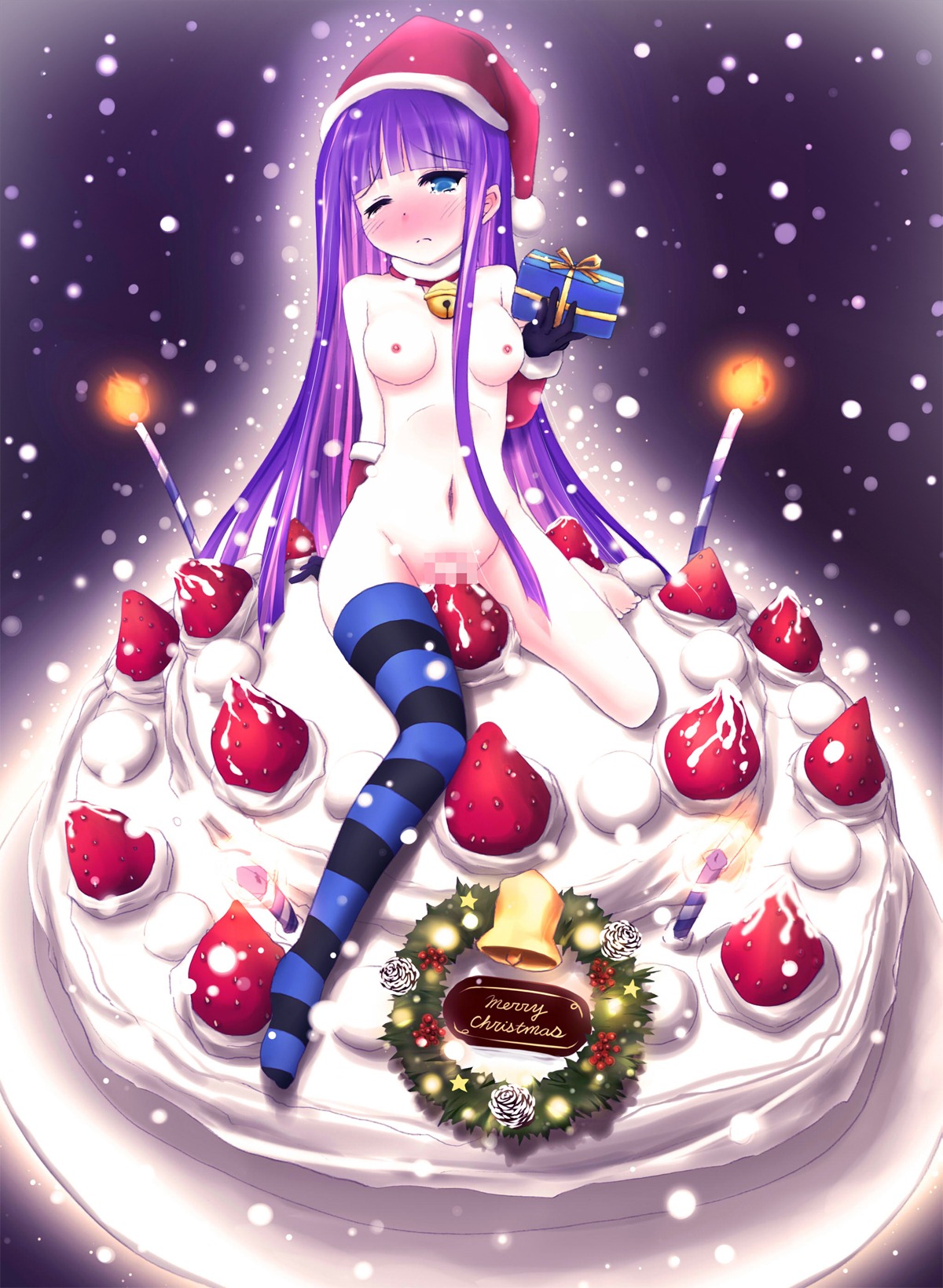 1girls bell blush breasts bulbonne cake candel candle censored christmas female food fruit hat highres long_hair multicolored_hair naked_thighhighs navel nipples nude panty_&amp;_stocking_with_garterbelt rule34 santa_hat sitting solo stocking_anarchy strawberry striped striped_legwear striped_thighhighs thighhighs two-tone_hair wink