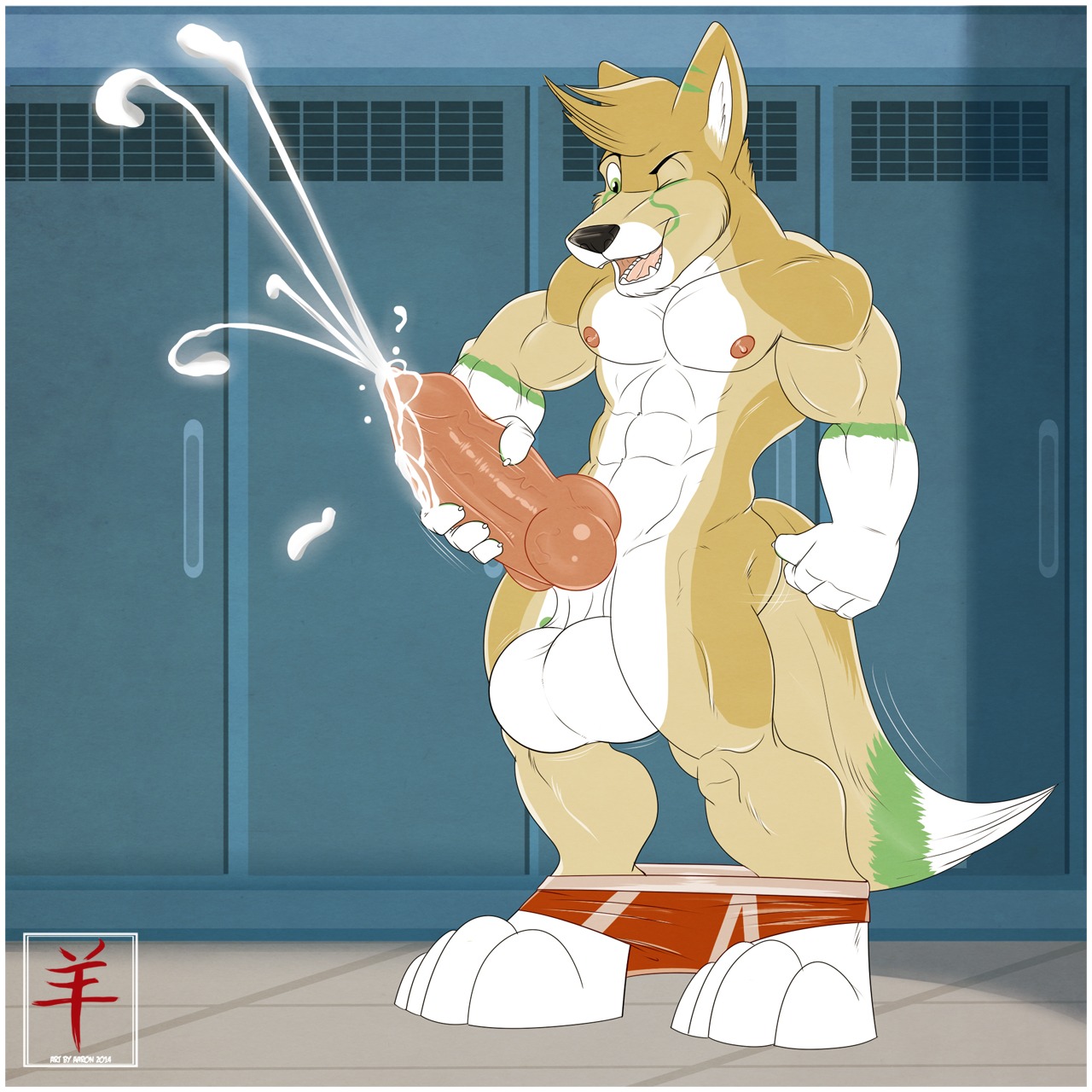 1:1 2014 4_fingers aaron_(artist) abs animal_genitalia animal_penis anthro athletic balls barefoot biceps big_balls big_knot big_muscles big_penis biped black_nose bodily_fluids border briefs brown_body brown_fur canid canine canine_genitalia canine_penis claws clothed clothing cum cum_on_penis cum_string cumshot digital_media_(artwork) e621 ejaculation erection fangs feet fingers fist fox fur genital_fluids genitals green_body green_eyes green_fur grin hair happy hi_res holding_penis huge_balls inside kade_(thefancyfox) knot locker locker_room male mammal masturbation muscular muscular_anthro muscular_male nipples nude one_eye_closed open_mouth open_smile orgasm partially_clothed pecs penile penile_masturbation penis pose saggy_balls smile solo standing tan_body tan_fur teeth thick_penis tongue underwear underwear_down vein white_body white_border white_fur wink