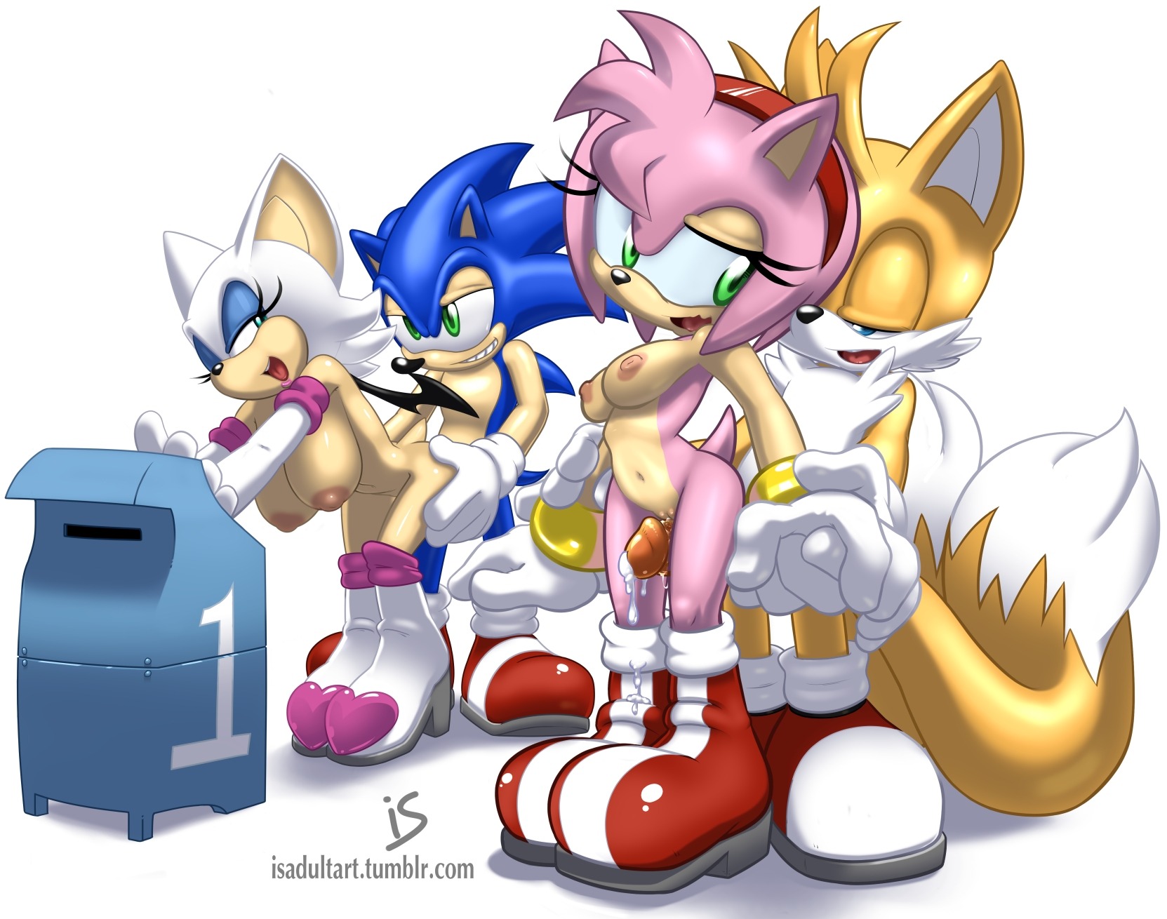 2012 accessory all_fours amy_rose anthro anthro_on_anthro bat big_breasts blue_body blue_eyes blue_fur bodily_fluids boots breasts canid canine clothing cum doggystyle e621 erection eulipotyphlan female footwear fox fox_tail from_behind_position fur genital_fluids genitals gloves green_eyes group hair hair_accessory hairband handwear hedgehog hi_res high_heels interspecies mailbox male male/female mammal membrane_(anatomy) membranous_wings miles_prower mostly_nude multi_tail navel nipples parallel_sex penetration penis pink_body pink_hair pussyjob rockthebull rouge_the_bat sega sex shoes simple_background smile sonic_the_hedgehog sonic_the_hedgehog_(series) standing tail text thigh_sex url vulva white_background wings