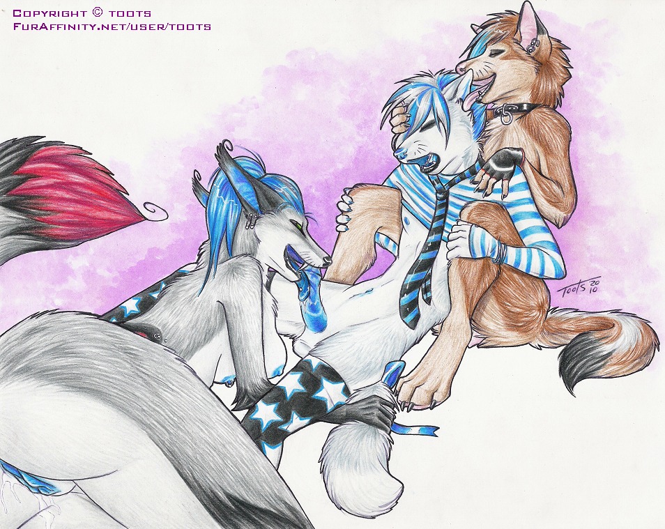 2010 accessory anthro anthro_on_anthro balls blue_penis bodily_fluids bottomless breasts canid canine canis clothed clothing collar e621 ear_piercing erection fellatio female foreskin genital_fluids genitals group group_sex humanoid_genitalia humanoid_penis licking male male/female mammal necktie nipple_piercing nipples nude oral partially_retracted_foreskin penile penis penis_lick piercing sex tail text threesome tongue tongue_out tongue_piercing toots trio url vaginal_fluids vulva wolf