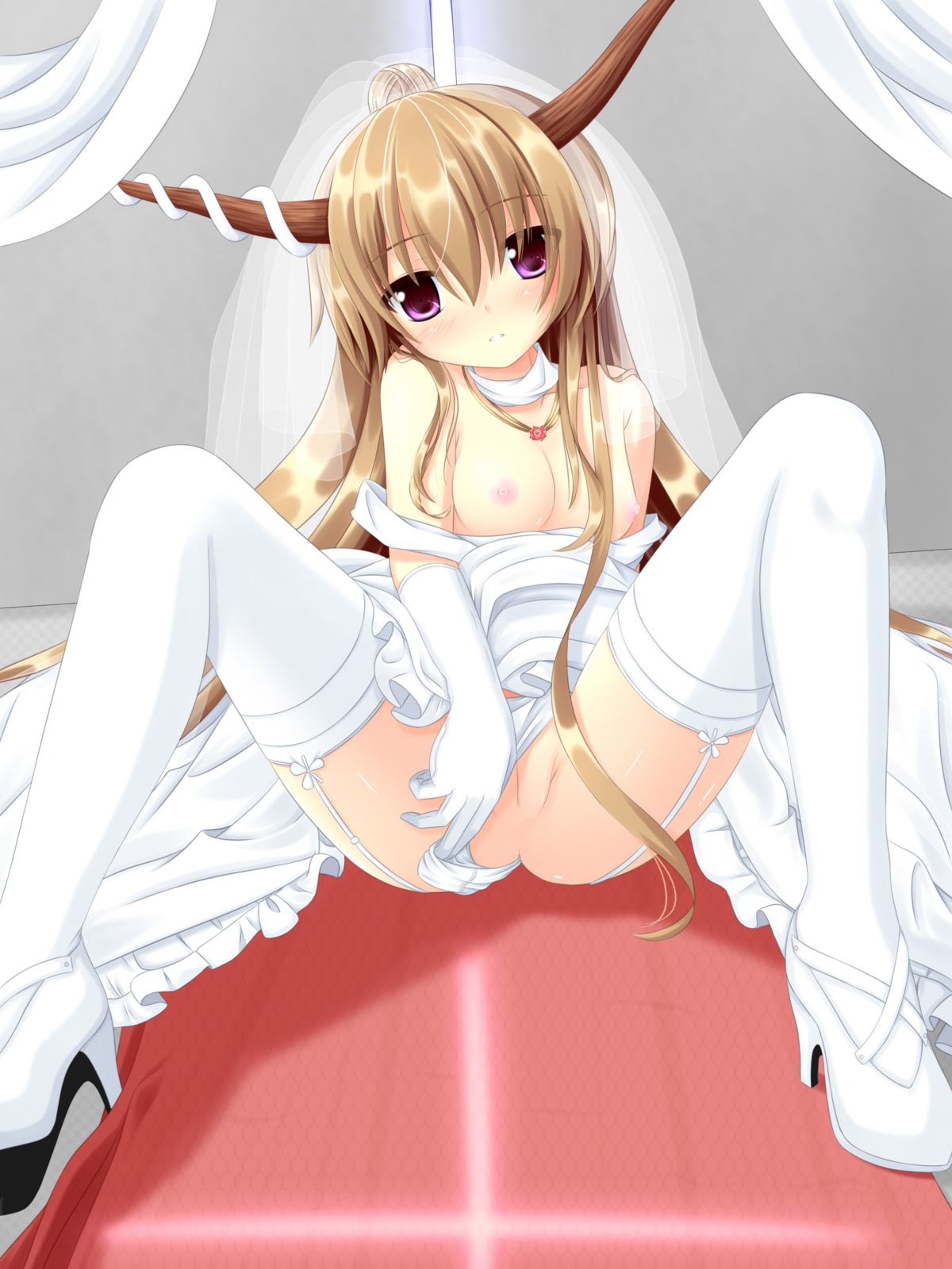 breasts bridal_veil bride brown_hair dress female garter_straps gloves high_heels high_resolution horns long_hair nipples pink_eyes pussy rule34 shoes skirt solo suika_ibuki thighhighs touhou uncensored veil wedding_dress white_gloves white_legwear white_thighhighs yoye_(pastel_white)