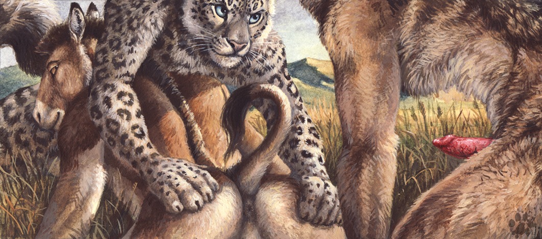 2012 anthro anus blotch canine canine_penis color day donkey equine feline from_behind fur furry furry_only gay leopard looking_back male outdoors penis raised_tail rule34 snow_leopard tail threesome wolf