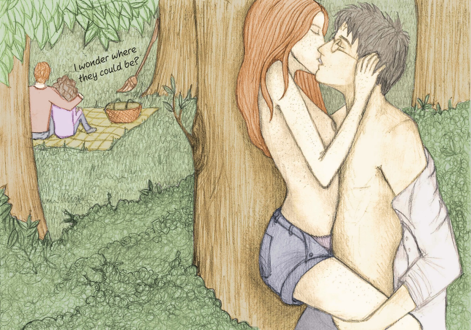 2boys 2d 2girls against_surface against_tree arm_around_partner arm_around_shoulder arm_around_shoulders background basket black_hair breasts broom brown_hair bush bushy_hair canon_couple carrying carrying_partner closed_eyes clothed clothed_female clothed_male clothing color couple crayon_(artwork) denim denim_shorts dialogue duo duo_focus english_text eyewear fbo86 female forest freckles freckles_everywhere freckles_on_arms freckles_on_back freckles_on_breasts freckles_on_face freckles_on_legs ginny_weasley glasses gryffindor hair hand_on_head hand_on_shoulder harry_james_potter harry_potter hermione_granger holding hugging kissing light-skinned_female light-skinned_male light_skin long_hair male medium_breasts nipples nudity on_ground open_clothes open_shirt open_shorts outdoor_nudity outdoors outside panties pants partially_clothed picnic picnic_basket picnic_blanket question red_hair ron_weasley round_glasses rule34 semi_public shirt short_hair shorts side_view sitting small_breasts standing stealth stealth_sex straight text topless topless_female traditional_media_(artwork) tree unbuttoned unbuttoned_shorts underwear white_clothing witch_(harry_potter)
