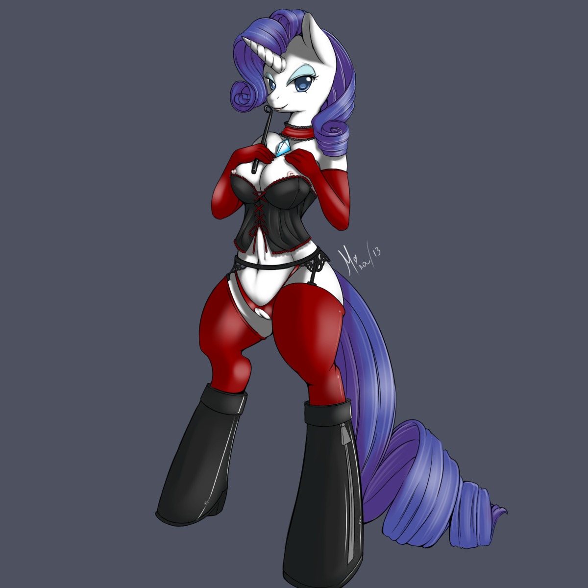 1:1 2013 anthro anthrofied blue_eyes blue_hair breasts clothing e621 equid equine female friendship_is_magic genitals hair hasbro hi_res horn jewelry lingerie looking_at_viewer mammal my_little_pony mythological_creature mythological_equine mythology necklace nipples rarity_(mlp) signature simple_background solo tail unicorn victorneko vulva