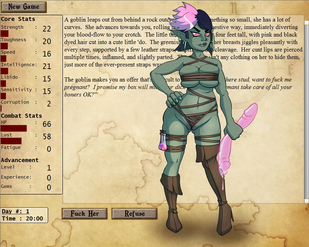 af big_breasts breasts camel_toe clothed clothing corruption_of_champions dildo e621 ear_piercing english_text female goblin hair humanoid multicolored_hair navel not_furry piercing pink_eyes profanity sex_toy skimpy solo source_request tamani_(coc) text two_tone_hair