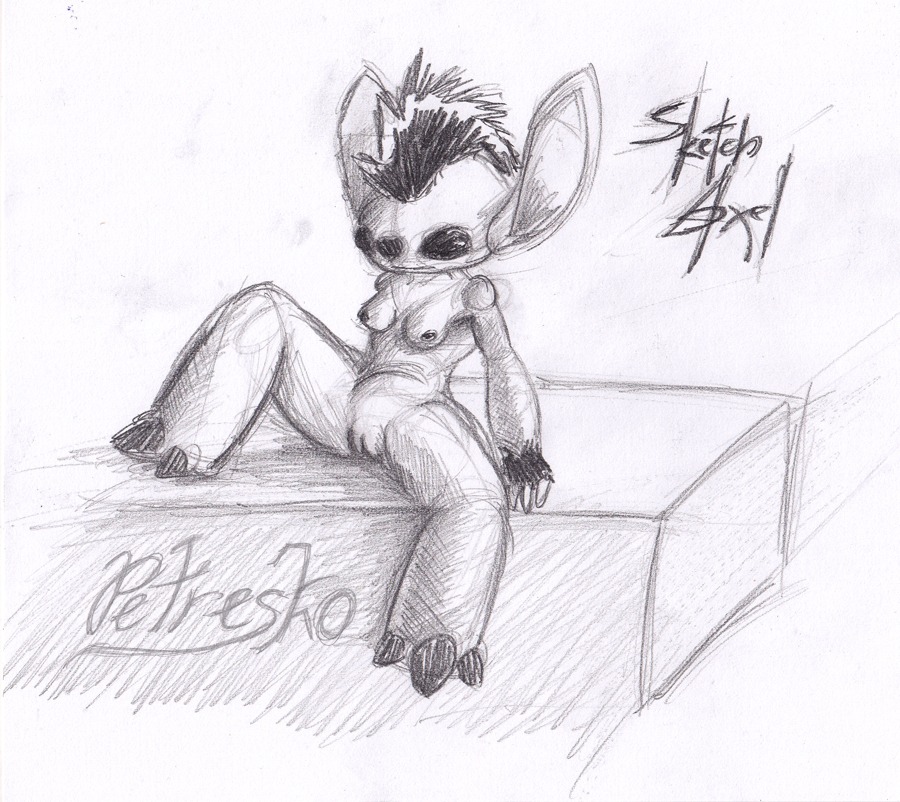 alien black_and_white black_eyes breasts e621 female genitals long_ears mohawk monochrome monster nude petresko pose presenting sketch smile smirk solo vulva