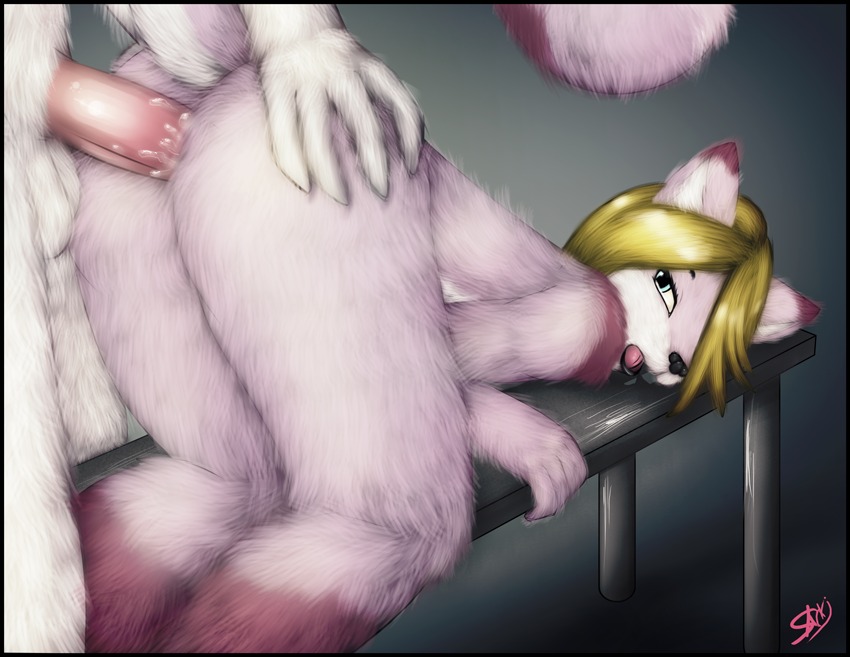 all_fours ambiguous_gender anal anal_penetration anthro balls bench black_border blonde_hair blue_eyes bodily_fluids border butt butt_grab cum digital_media_(artwork) digital_painting_(artwork) doggystyle duo e621 erection faceless_character faceless_male femboy fluffy from_behind_position fur genital_fluids genitals hair hand_on_butt looking_back male male/male male_penetrated male_penetrating male_penetrating_male mammal mykul nude on_bench painting_(artwork) penetration penis pink_body pink_fur rodent sarki sciurid sex tail tree_squirrel white_body white_fur
