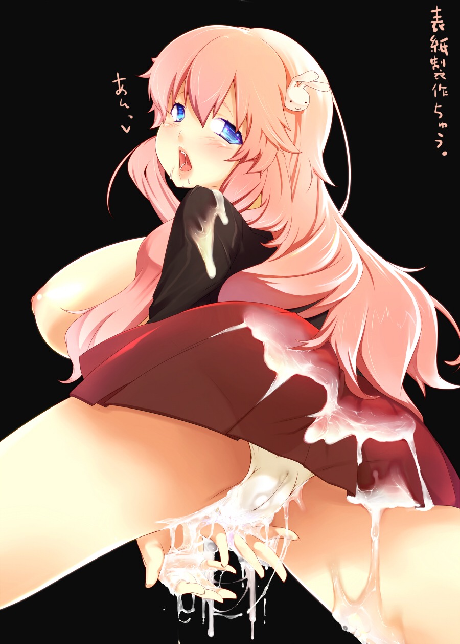 baka_to_test_to_shoukanjuu blue_eyes blush breasts bukkake bunny cameltoe cum cum_on_clothes fat_mons female hair_ornament highres himeji_mizuki huge_breasts karochii_(mochiya) long_hair open_mouth panties pussy rule34 simple_background skirt solo translation_request underwear