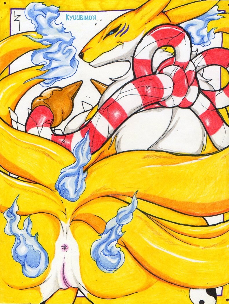 anthro anus bandai_namco black_sclera blue_eyes butt canid canine digimon digimon_(species) e621 female fire fox_tail fur genitals japanese kyubimon mammal multi_tail pillar presenting presenting_hindquarters raised_tail solo tail vulva yin_yang zabraxas