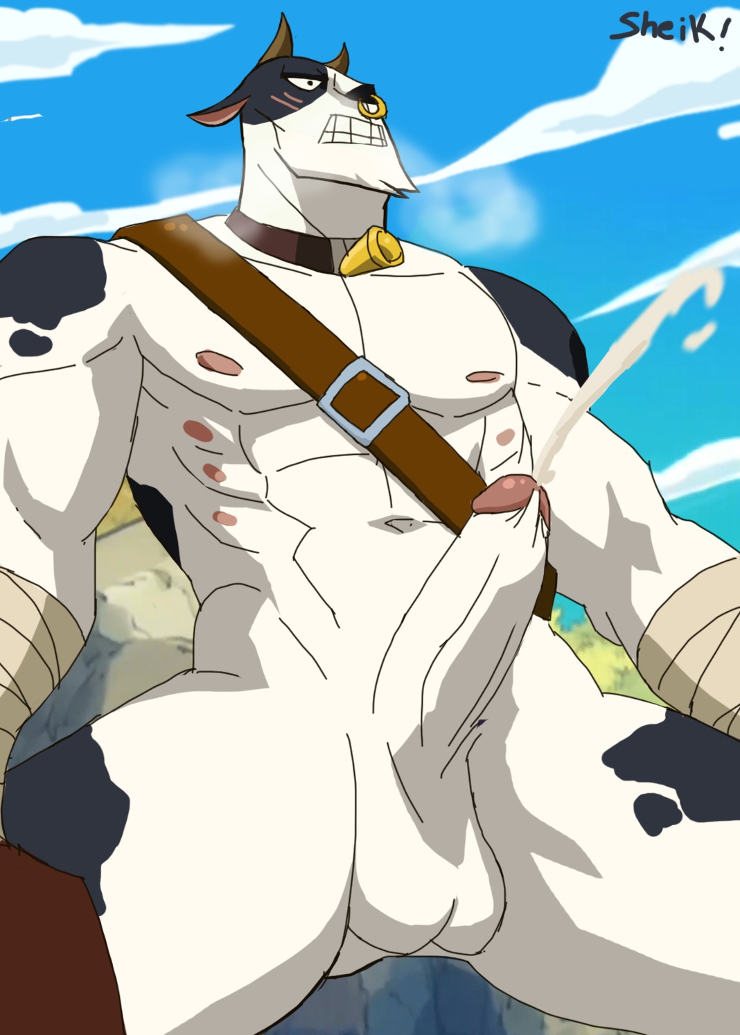 anthro balls bodily_fluids bovid bovine cattle cum cumshot e621 ejaculation erection fairy_tail genital_fluids genitals hi_res male mammal multi_nipple nipples orgasm penis solo taurus_(fairy_tail) unknown_artist