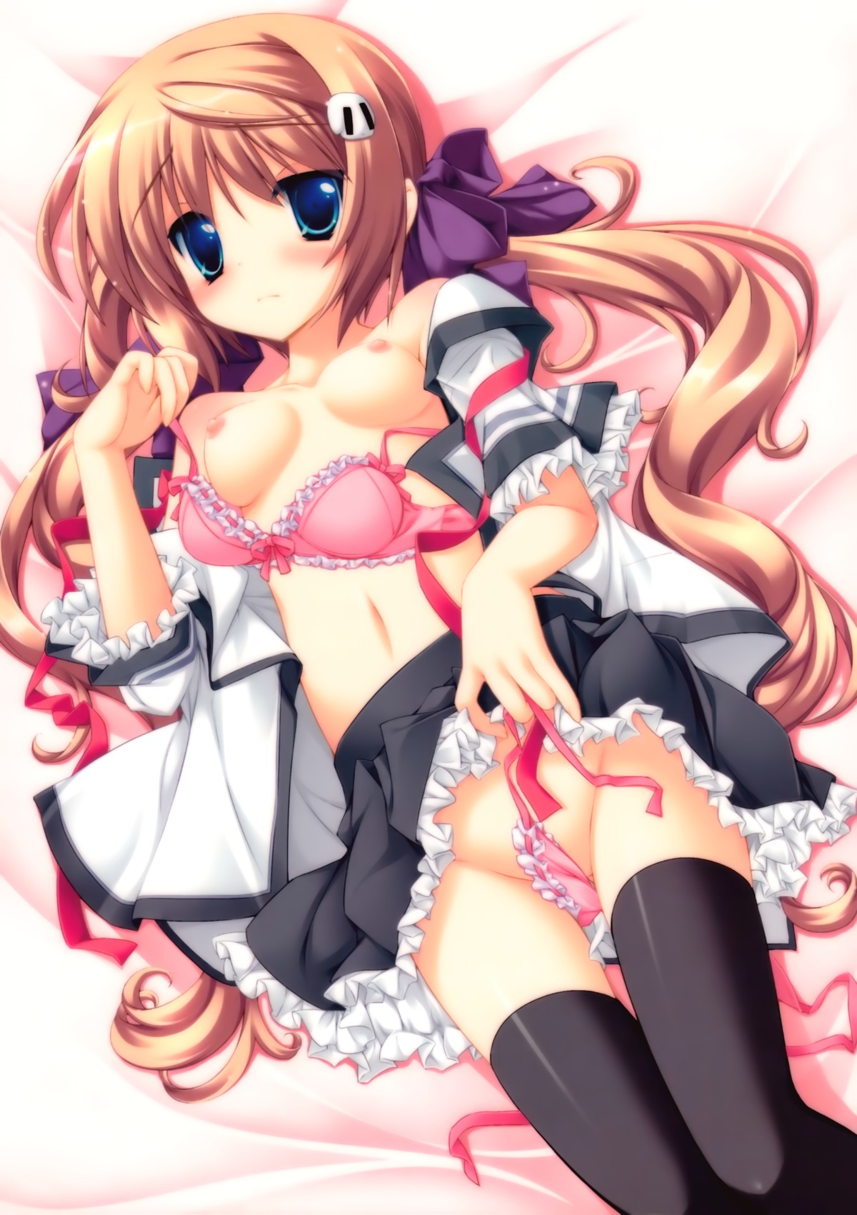 artist_request blue_eyes blush bra breasts brown_hair cleavage female gotou_nao hair_ornament hairclip highres huge_eyes koiiro_soramoyou lingerie long_hair lucie lying nipples open_clothes open_shirt panties pointy_chin ribbon rule34 school_uniform seifuku shinohara_sera shirt side-tie_panties skirt skirt_lift source_request thighhighs underwear undressing upskirt zettai_ryouiki