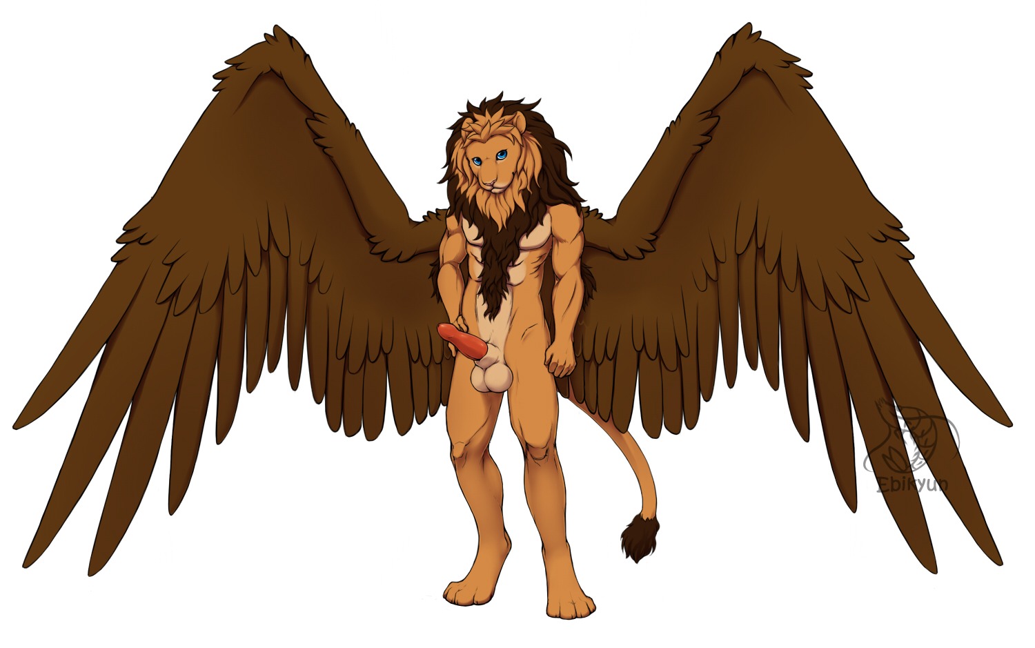 2012 anthro balls biped blue_eyes brown_body brown_feathers digital_media_(artwork) e621 erection feathered_wings feathers felid genitals lion looking_at_viewer male mammal mane nude pantherine penis simple_background smile solo standing tail valderic_blackstag white_background wings