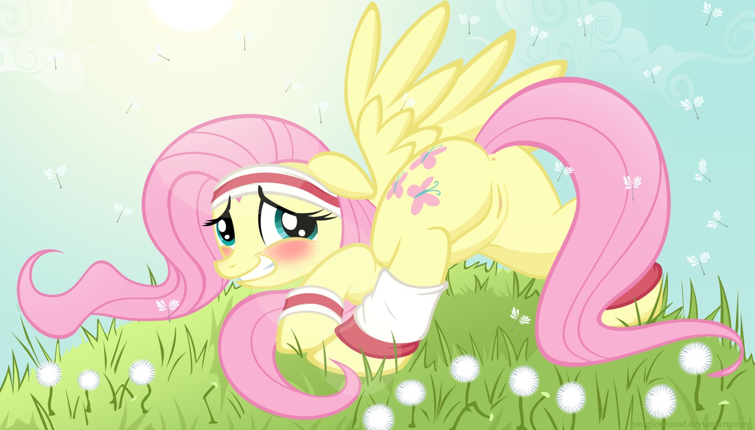 blush butt dandelion e621 embarrassed equid equine feathered_wings feathers female feral flower fluttershy_(mlp) friendship_is_magic genitals grass hasbro hi_res junglepony looking_back mammal my_little_pony mythological_creature mythological_equine mythology pegasus plant presenting quadruped solo sweatband tail third-party_edit vulva wings yellow_body yellow_feathers
