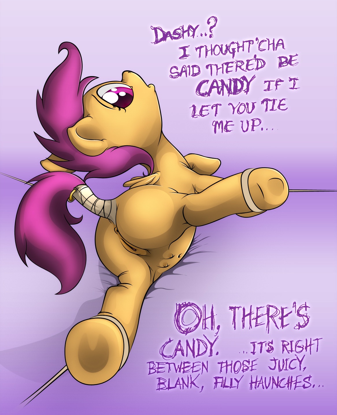 anatomically_correct anatomically_correct_genitalia anatomically_correct_vulva animal_genitalia animal_vulva anus bound butt colored dialogue e621 ecmajor english_text equid equine equine_genitalia equine_vulva feathered_wings feathers female feral friendship_is_magic genitals hair hasbro hi_res looking_back mammal my_little_pony mythological_creature mythological_equine mythology navel orange_body orange_feathers pegasus purple_hair rear_view scootaloo_(mlp) solo submissive submissive_female tail teats text third-party_edit vulva wings young young_feral