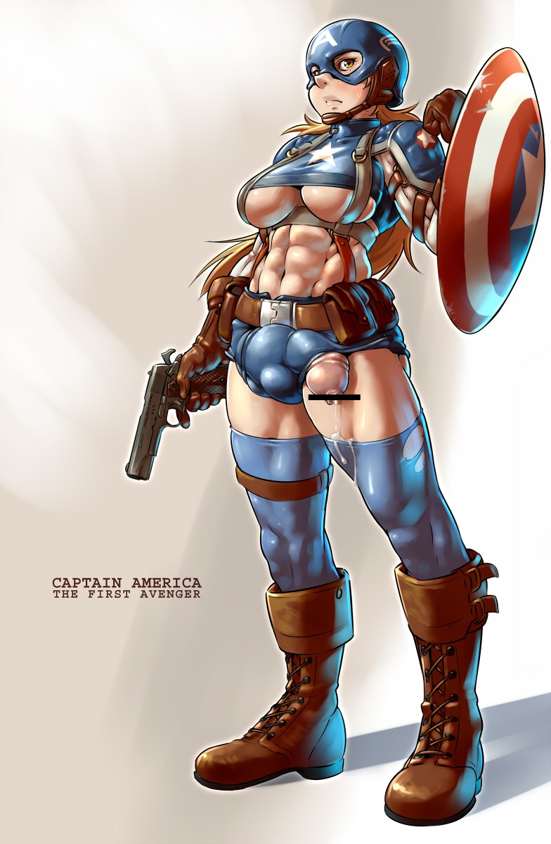 1futa abs belt blonde_hair boots breasts brown_eyes bulge captain_america censored cumdrip futa_only futanari gloves gun intersex m1911 marvel marvel_comics mask mikoyan muscles muscular muscular_futa navel penis pistol precum rule34 rule_63 shield solo weapon