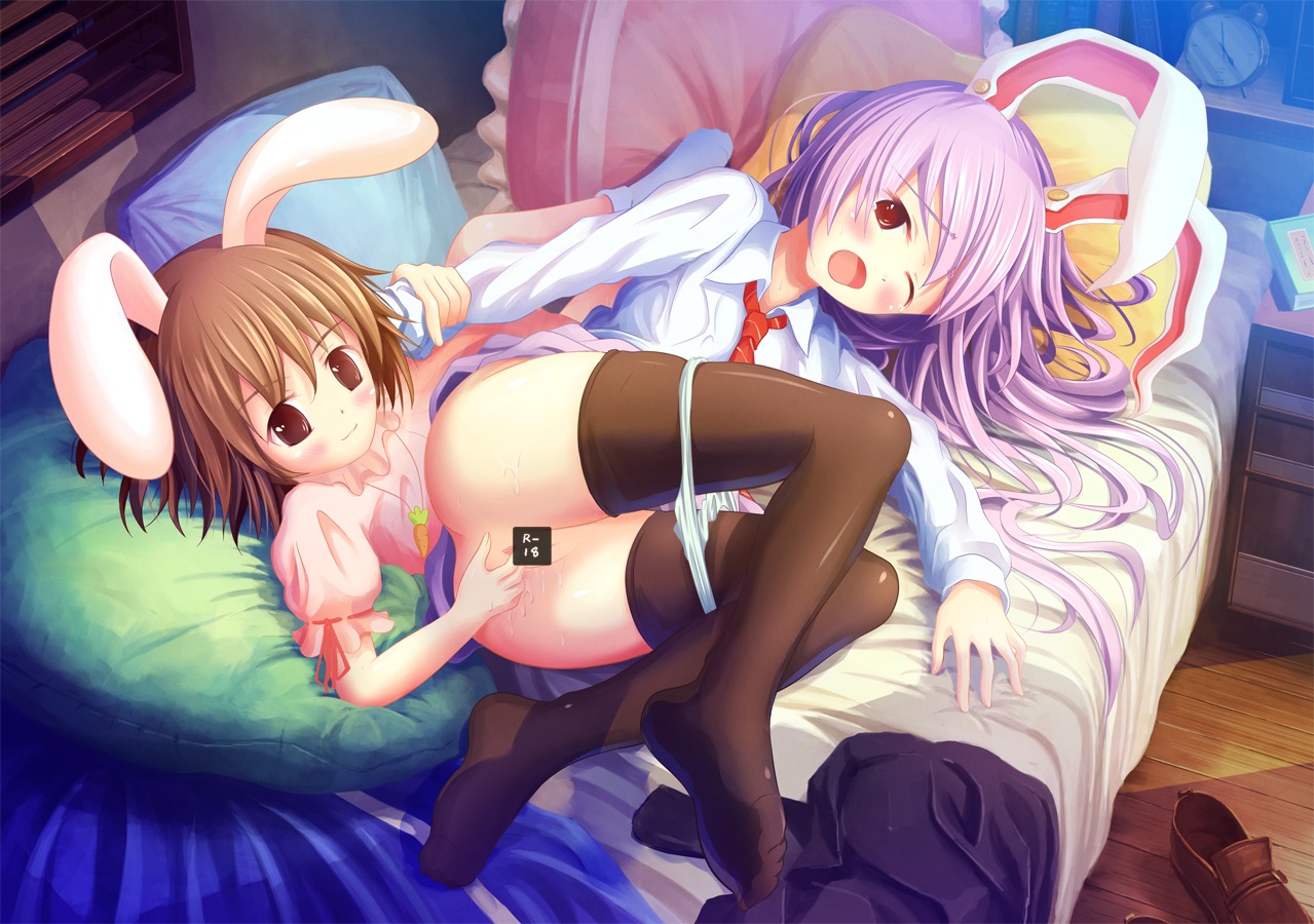 2girls ass brow_hair bunny_ears bunny_girl carrot female female_only fingering lavender_hair long_hair multiple_females multiple_girls necktie on_bed panties panties_down red_eyes reisen_udongein_inaba rule34 short_hair skirt tewi_inaba thighhighs touhou white_panties wince yuri