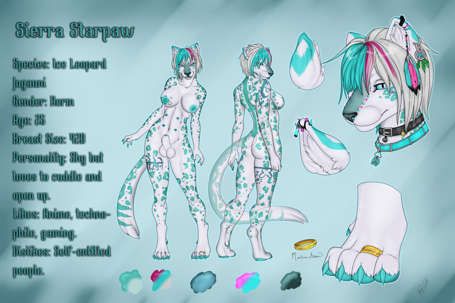 2014 absurd_res animal_genitalia anthro balls blue_eyes breasts collar digit_ring digitigrade e621 ear_piercing english_text facial_piercing feet felid feline felis fur furgonomic_piercing furgonomics genitals green_body green_fur green_skin gynomorph hi_res intersex jewelry jogauni leopard mammal model_sheet multi_nipple multiple_poses muzzle_piercing nipple_piercing nipples nose_piercing nude pantherine penis penis_tip piercing pose rielity ring septum_piercing sheath sierra_starpaw solo spots tail tattoo text toe_ring toes white_body white_fur